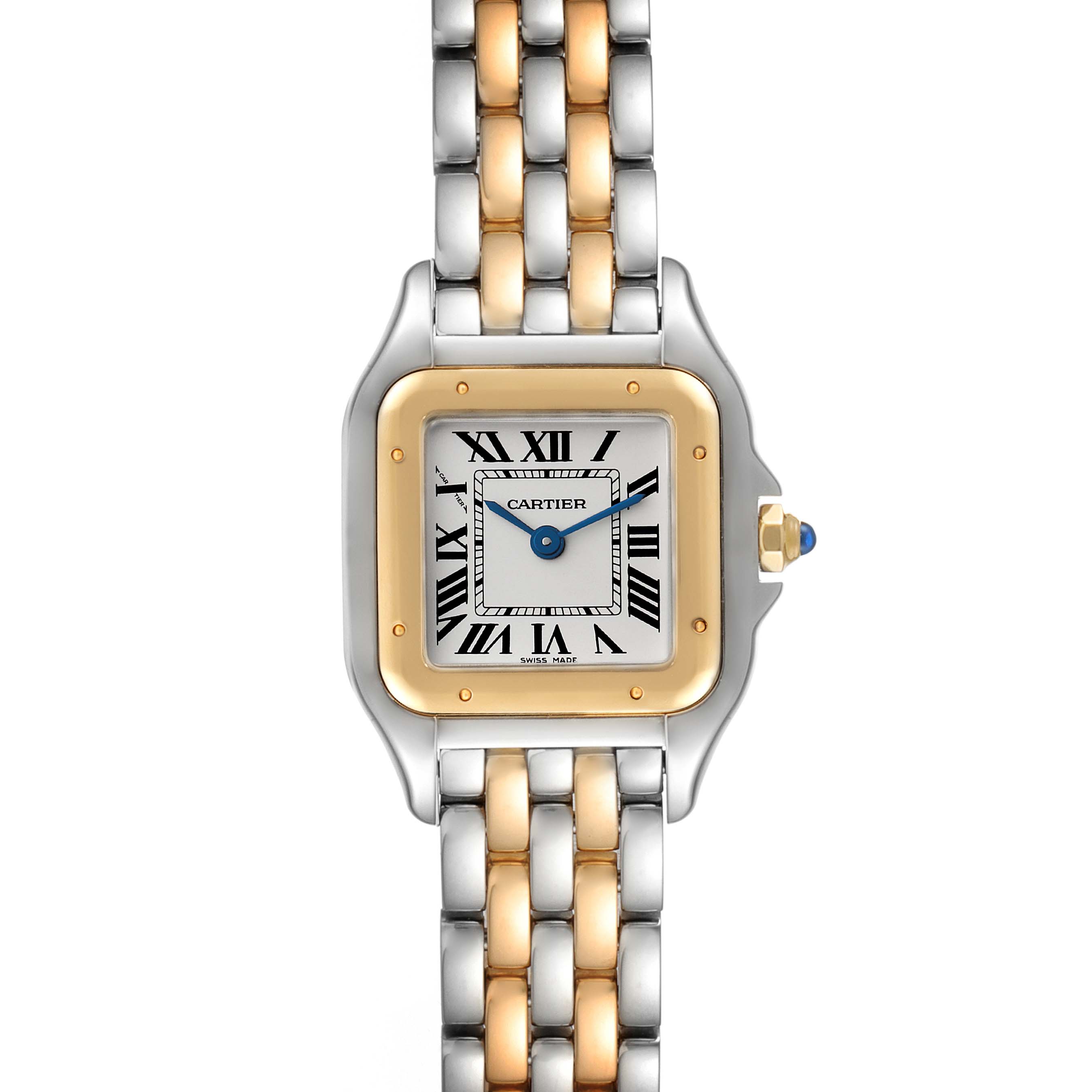 The image shows a Cartier Panthere W2PN0006 Women's Steel and Gold (two tone) Silver Dial W2PN0006 Women's Steel and Gold (two tone) Silver Dial watch from a top-down angle, displaying the face, bezel, and part of the two-tone bracelet.