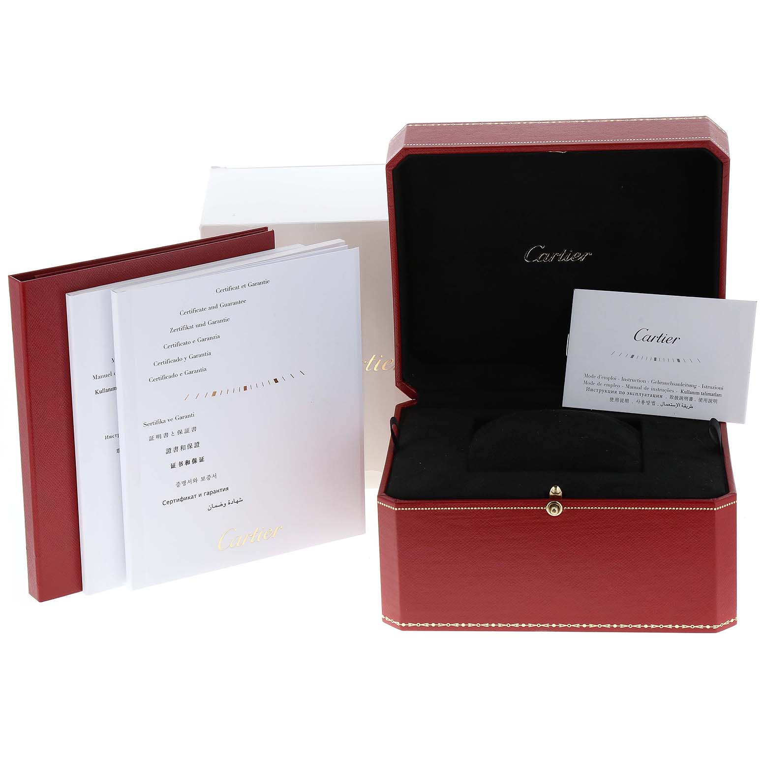 The image shows the packaging and documentation for a Cartier Panthere W2PN0006 Women's Steel and Gold (two tone) Silver Dial W2PN0006 Women's Steel and Gold (two tone) Silver Dial watch, including a red box and manuals.