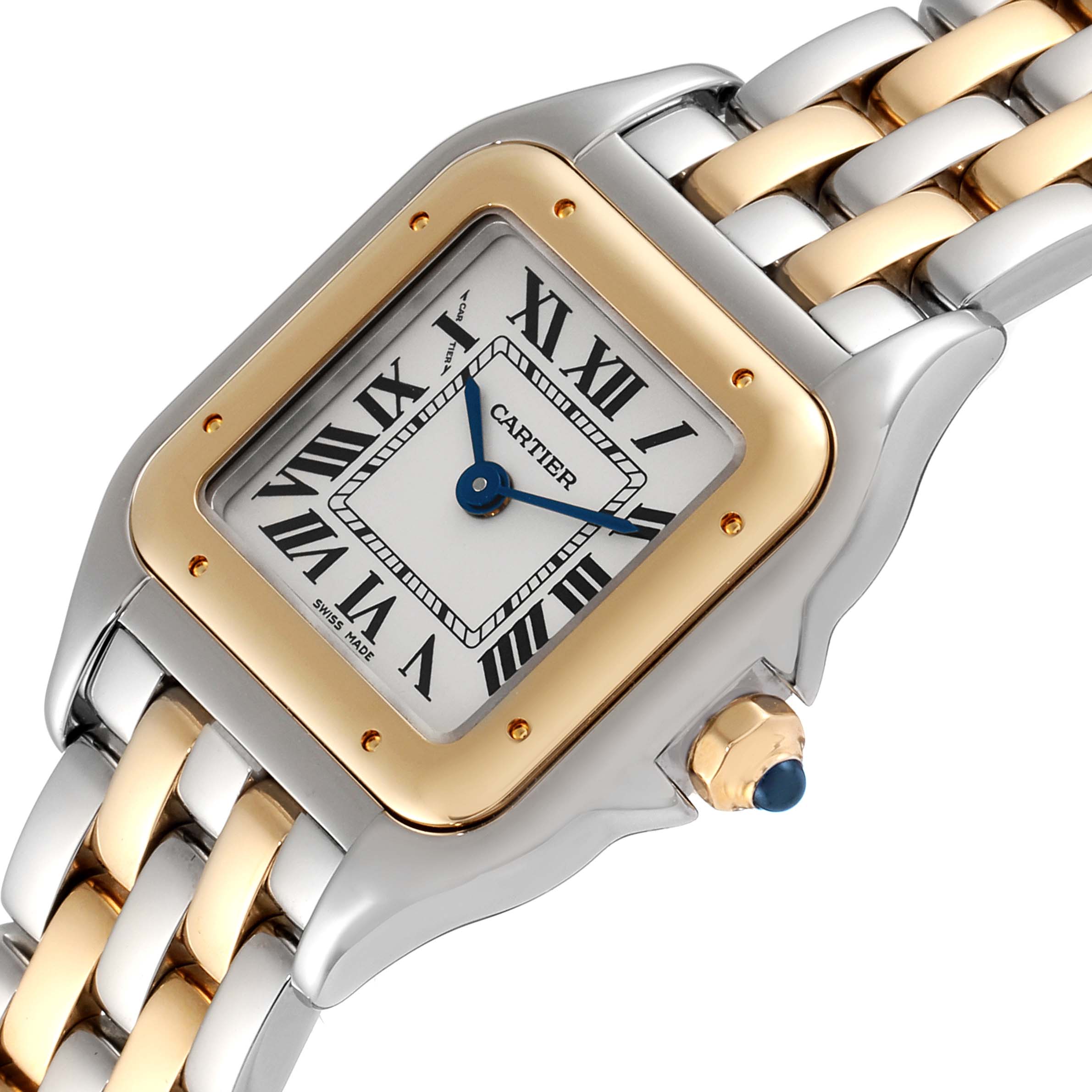 The image shows a close-up of the Cartier Panthère watch, illustrating its face, bezel, and part of the bracelet.