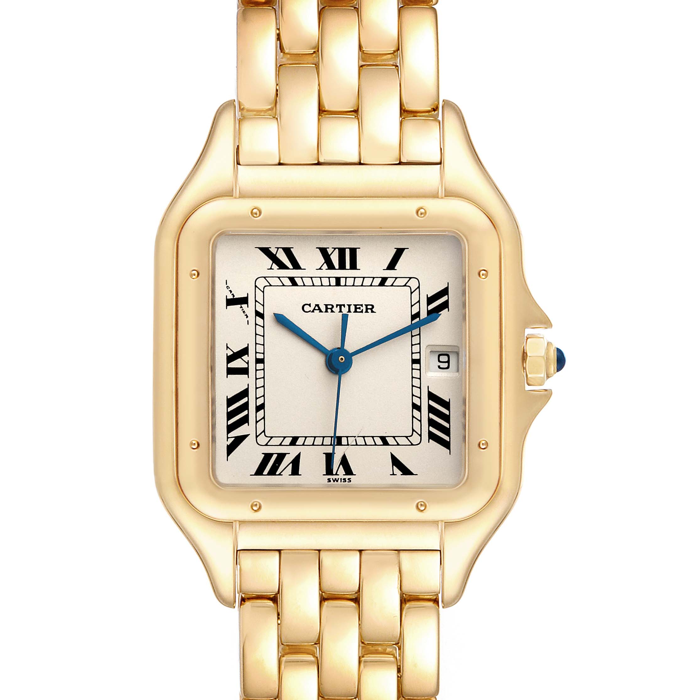 The image shows a Panthere de Cartier watch from a front angle, highlighting the face, bezel, crown, and part of the bracelet.