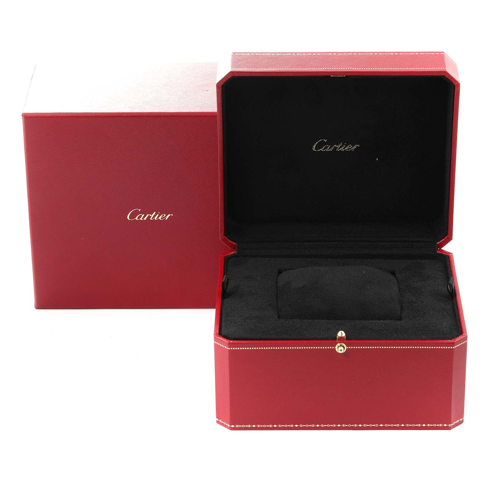 This image shows an open Cartier Panthere W25014B9 Men's Yellow Gold Silver Dial W25014B9 Men's Yellow Gold Silver Dial watch box and its outer packaging from a front angle.