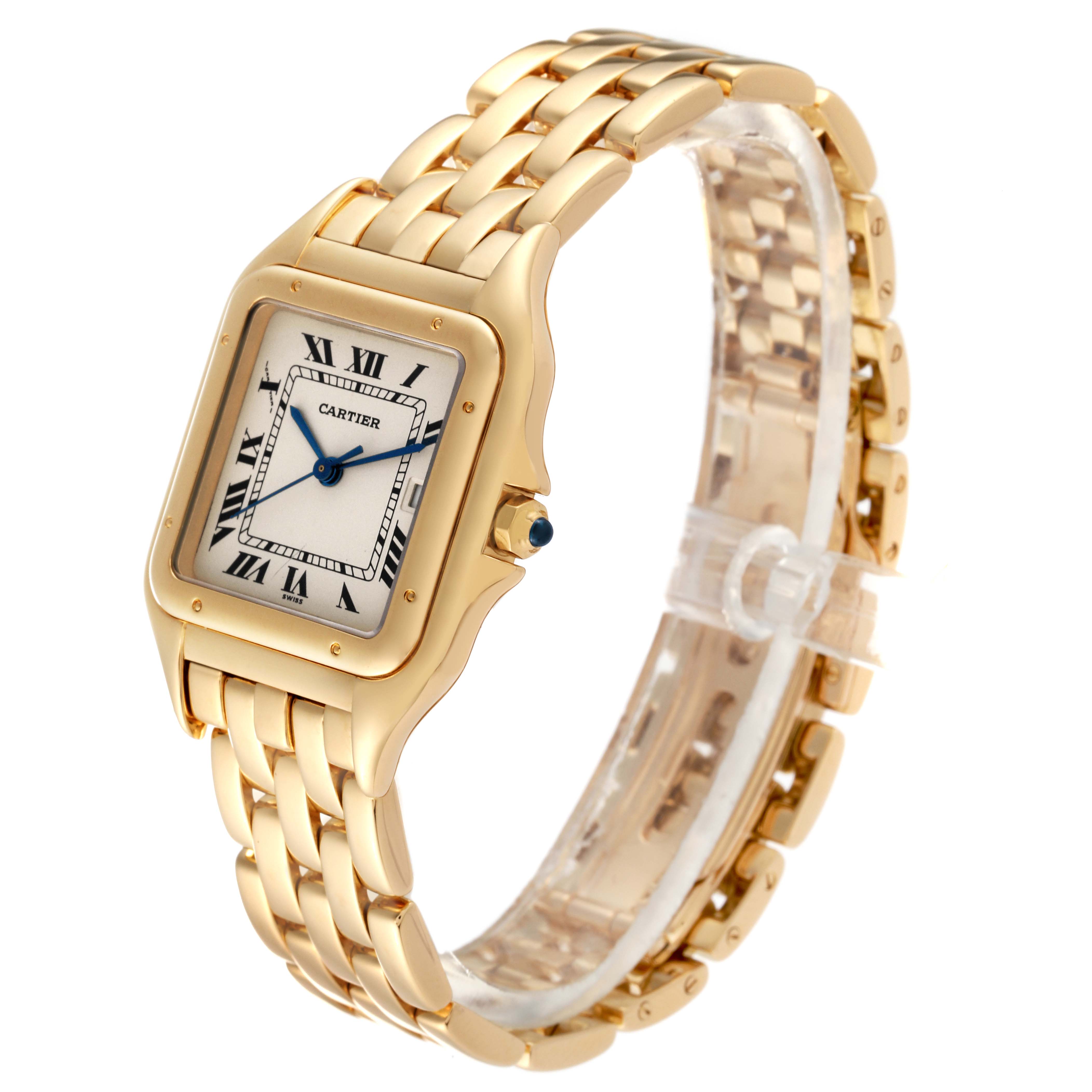 The image shows a Cartier Panthere W25014B9 Men's Yellow Gold Silver Dial W25014B9 Men's Yellow Gold Silver Dial watch at an angled side view, highlighting the gold case, bracelet, and Roman numeral dial.