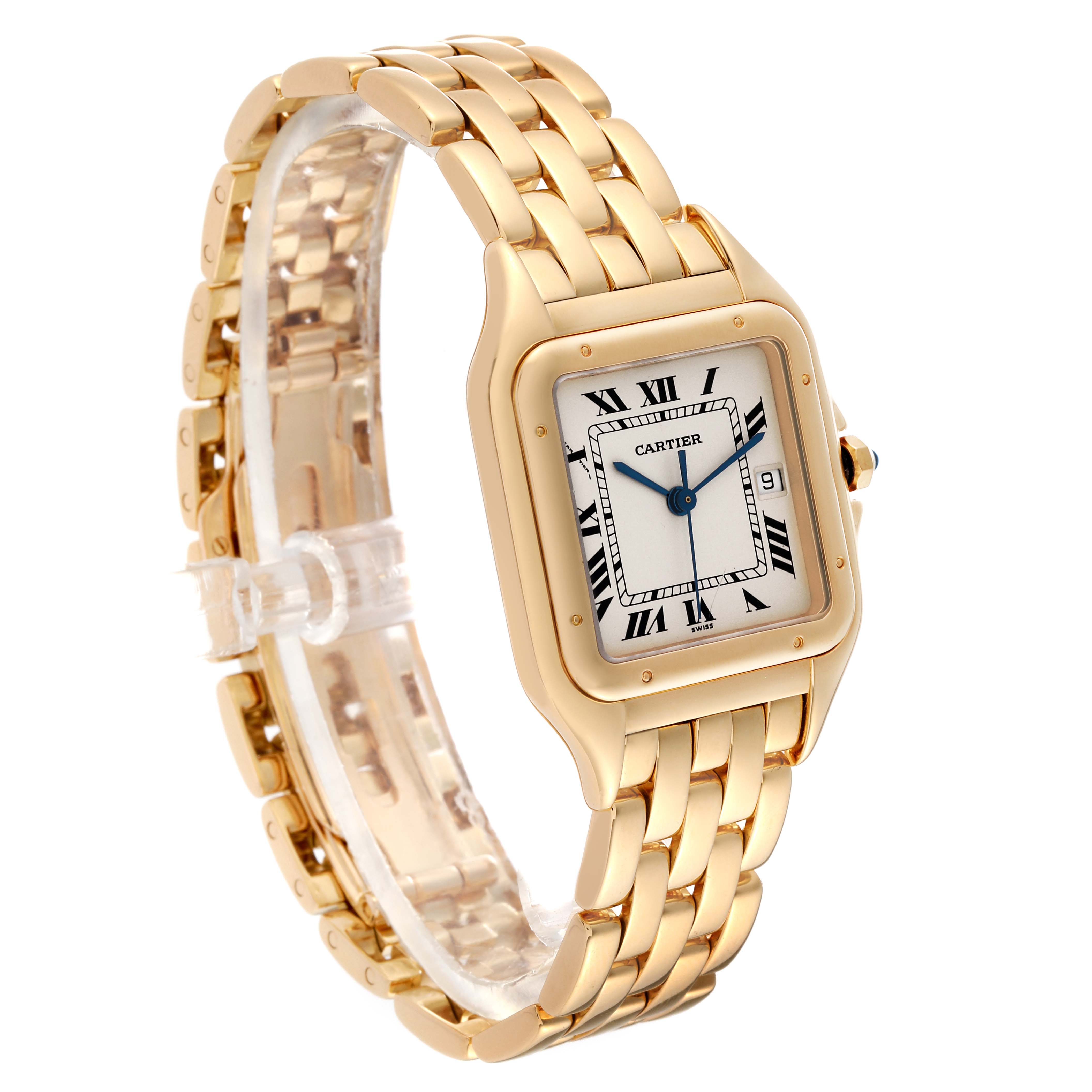 The Cartier Panthere W25014B9 Men's Yellow Gold Silver Dial W25014B9 Men's Yellow Gold Silver Dial watch is shown at a three-quarter angle highlighting its gold bracelet, dial, and case.