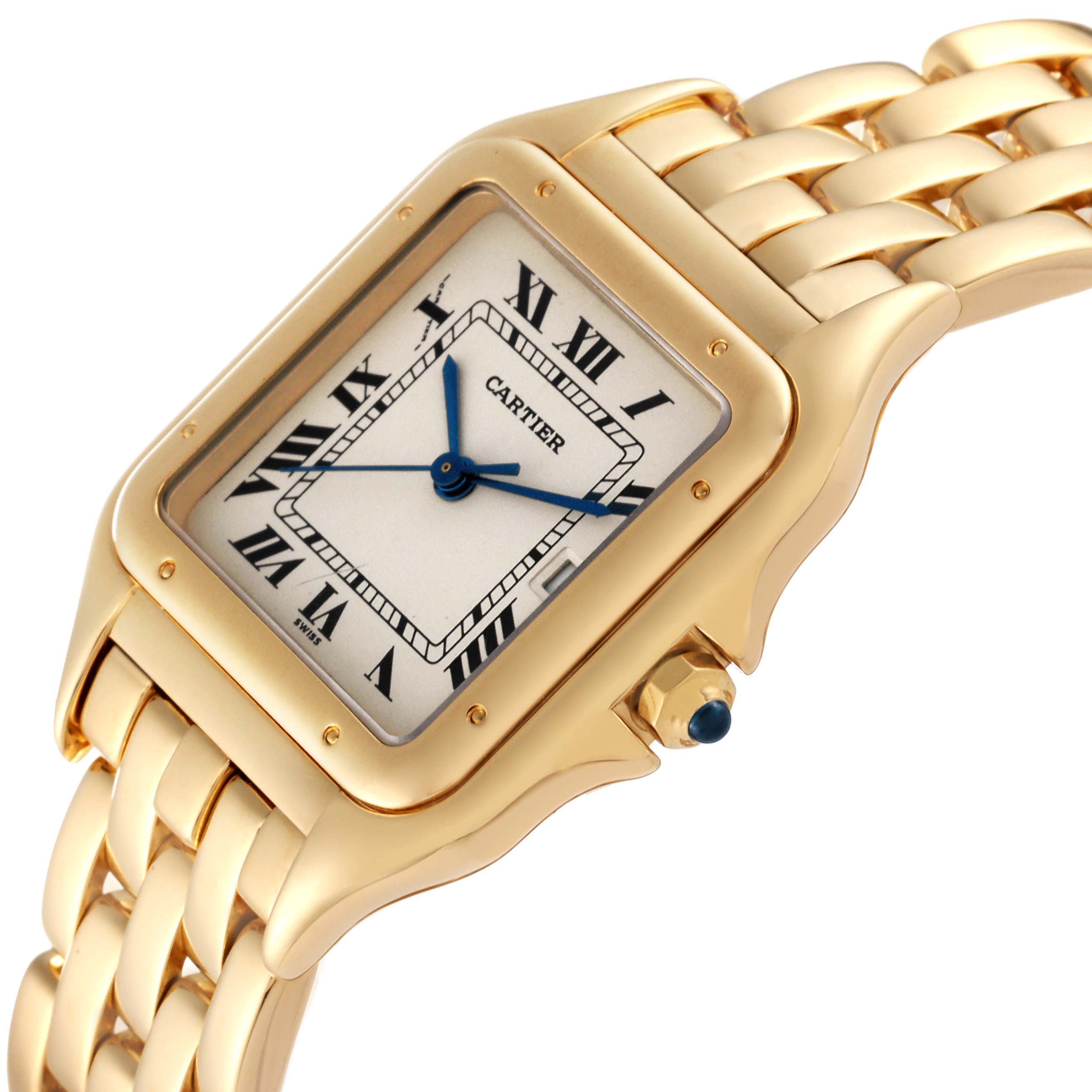 This image shows the Panthere de Cartier watch at an angle highlighting its face, crown, and part of the bracelet.