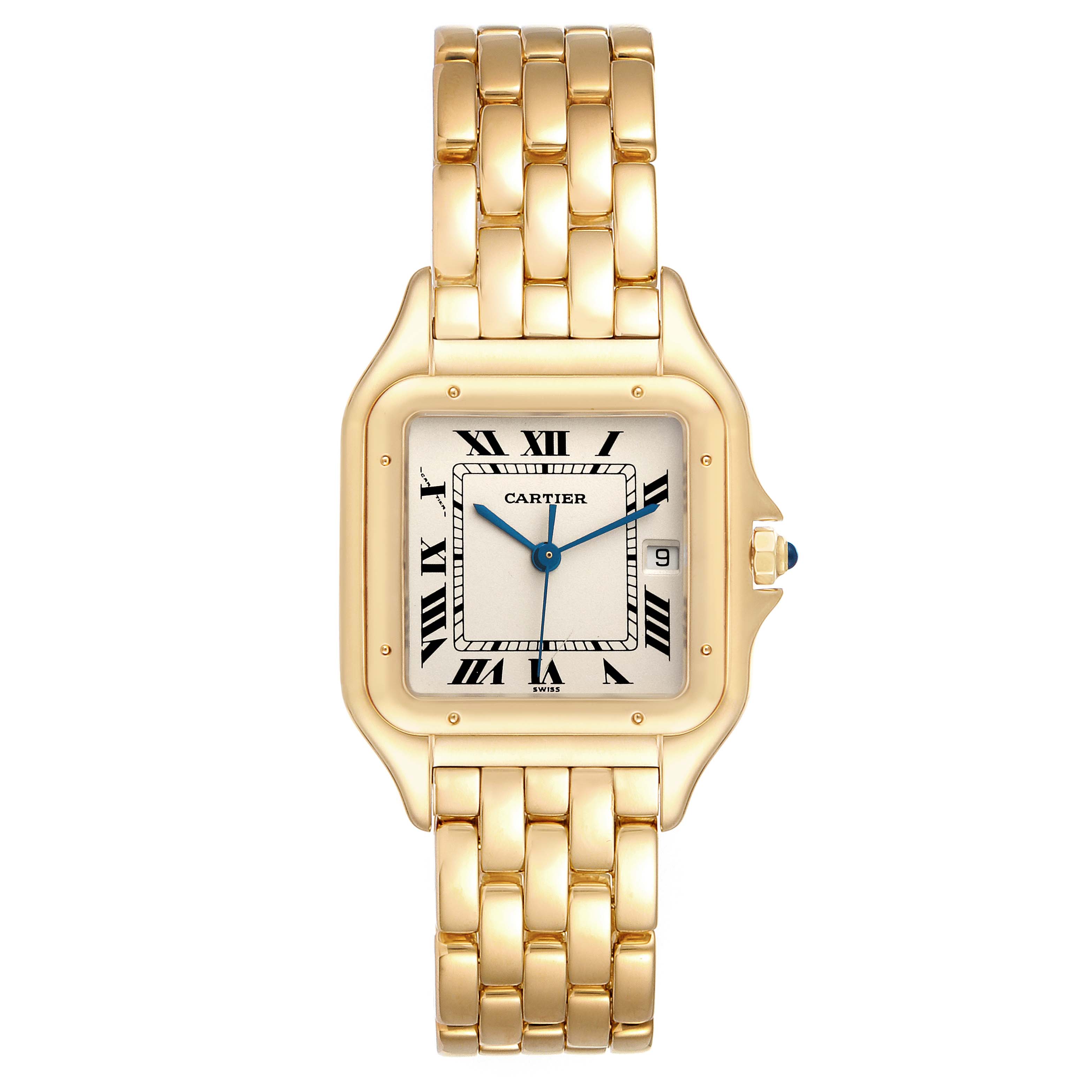 The Panthere de Cartier watch is shown from a top-down angle, displaying the face, bezel, crown, and bracelet.
