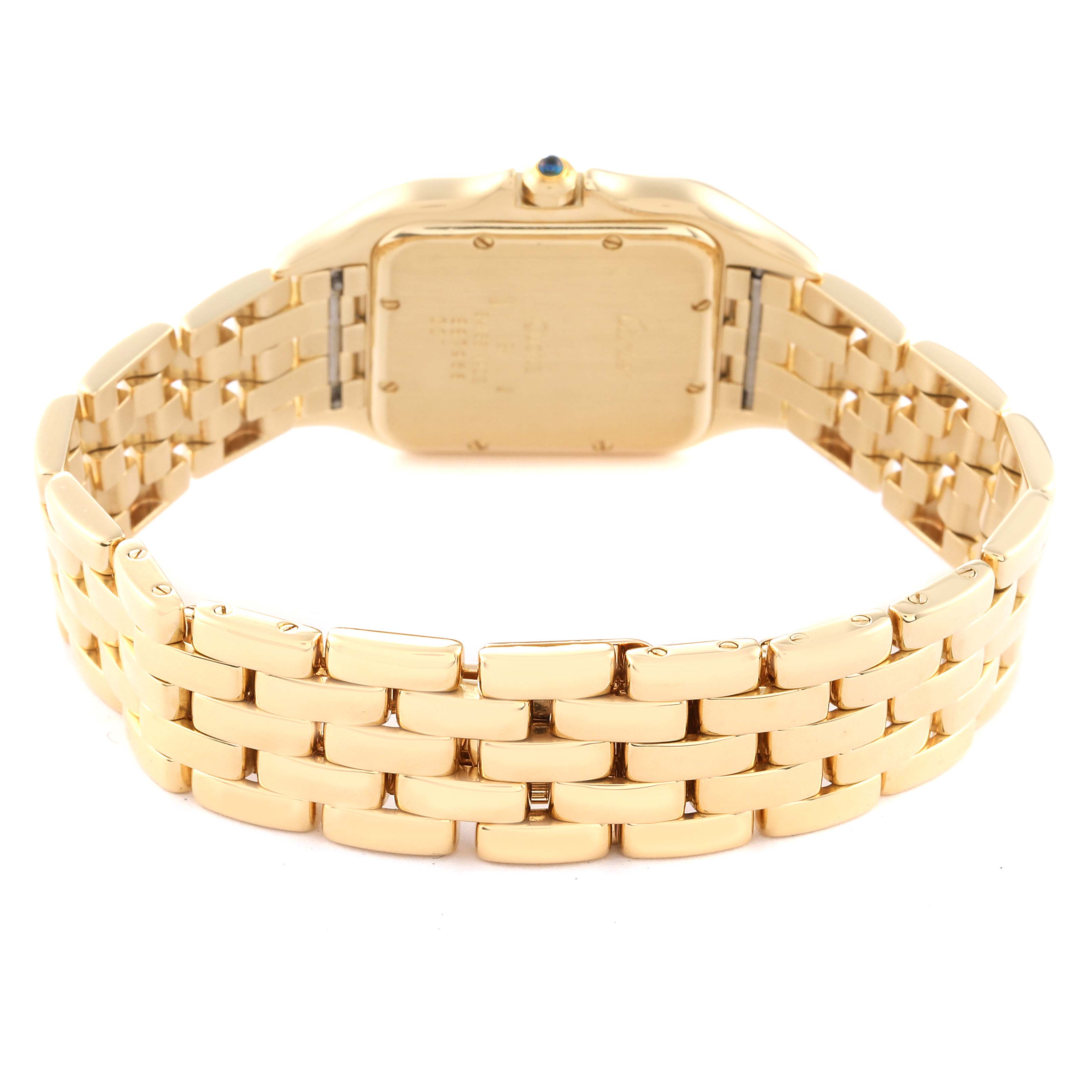 The image shows the back view of a gold Cartier Panthere W25014B9 Men's Yellow Gold Silver Dial W25014B9 Men's Yellow Gold Silver Dial model watch, highlighting its bracelet and caseback.