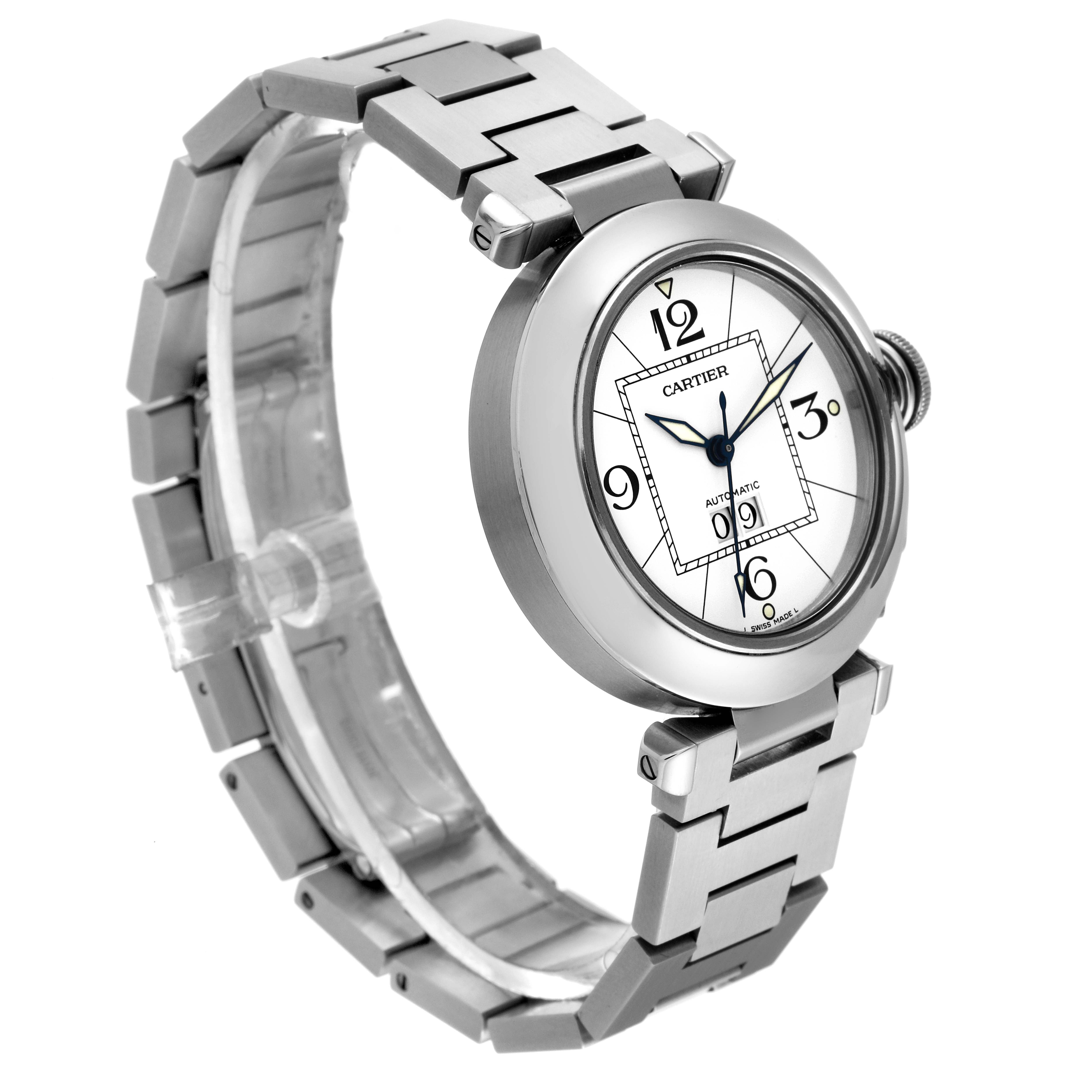 The image shows a Cartier Pasha W31055M7 Men
s Stainless Steel White Dial W31055M7 Men
s Stainless Steel White Dial watch from a three-quarter front angle, highlighting the face, bezel, crown, and metal bracelet.