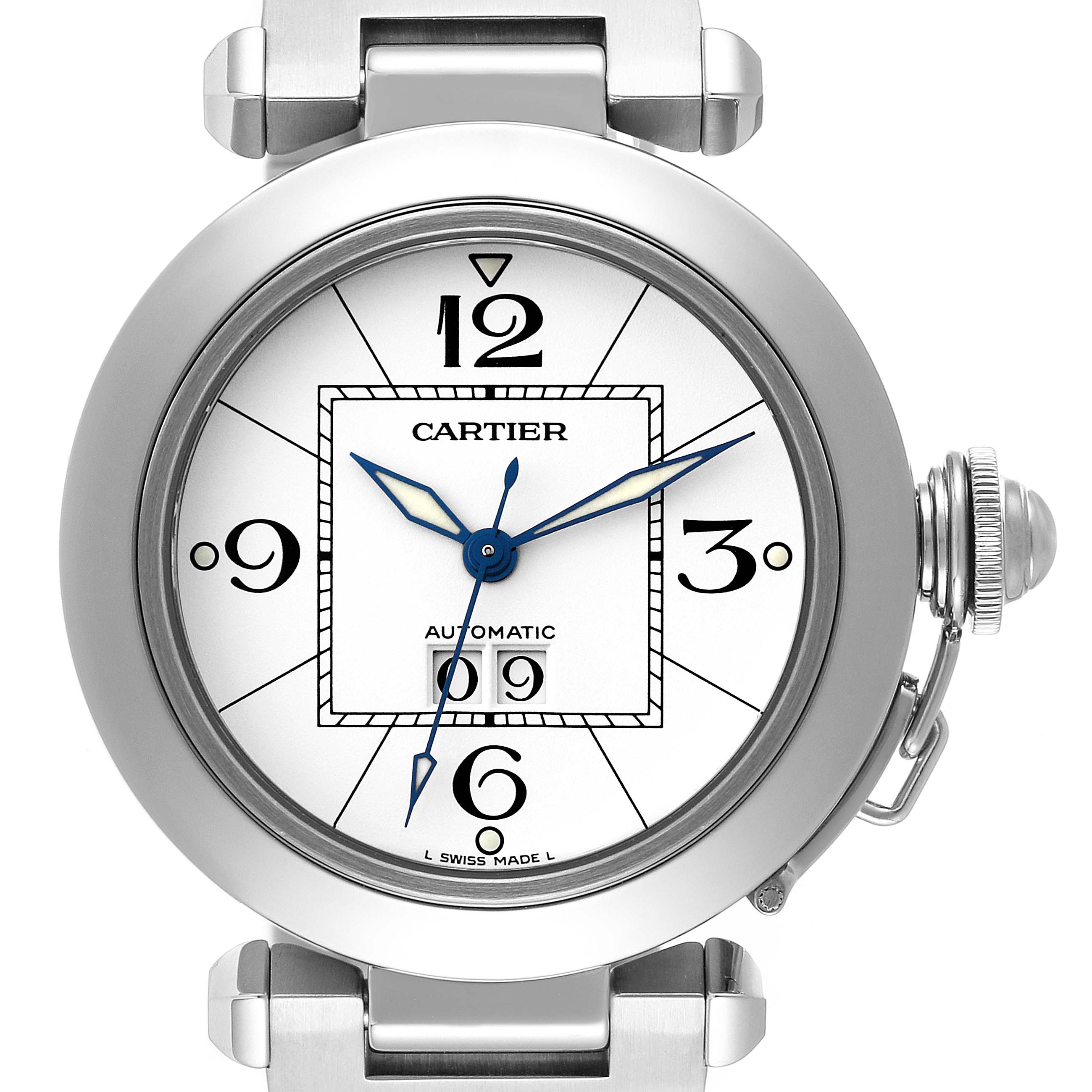 The image shows a front view of the Cartier Pasha W31055M7 Men
s Stainless Steel White Dial W31055M7 Men
s Stainless Steel White Dial watch, highlighting the face, dial, hands, and crown guard.