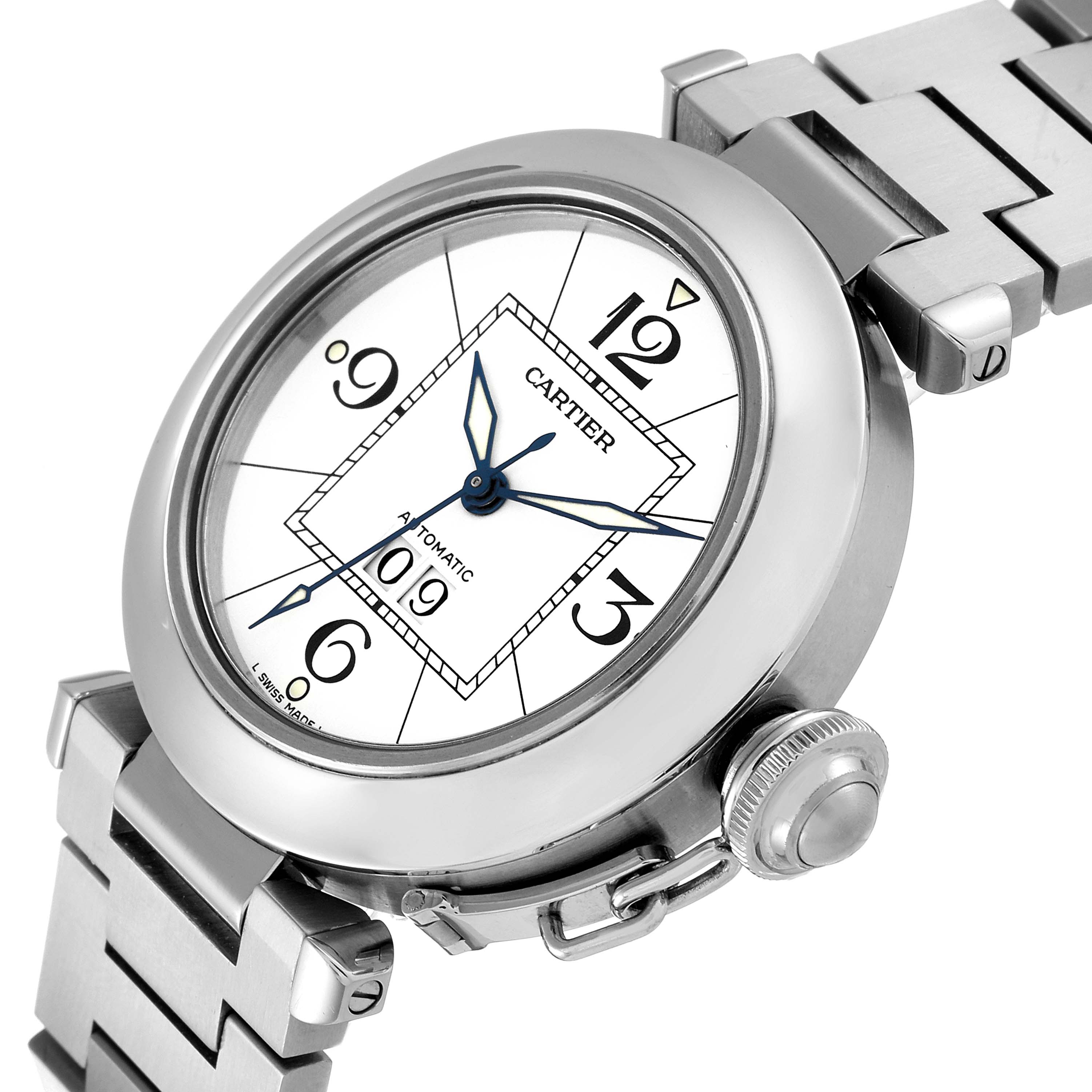 The image shows a close-up view of the face and bracelet of a Cartier Pasha W31055M7 Men
s Stainless Steel White Dial W31055M7 Men
s Stainless Steel White Dial watch.