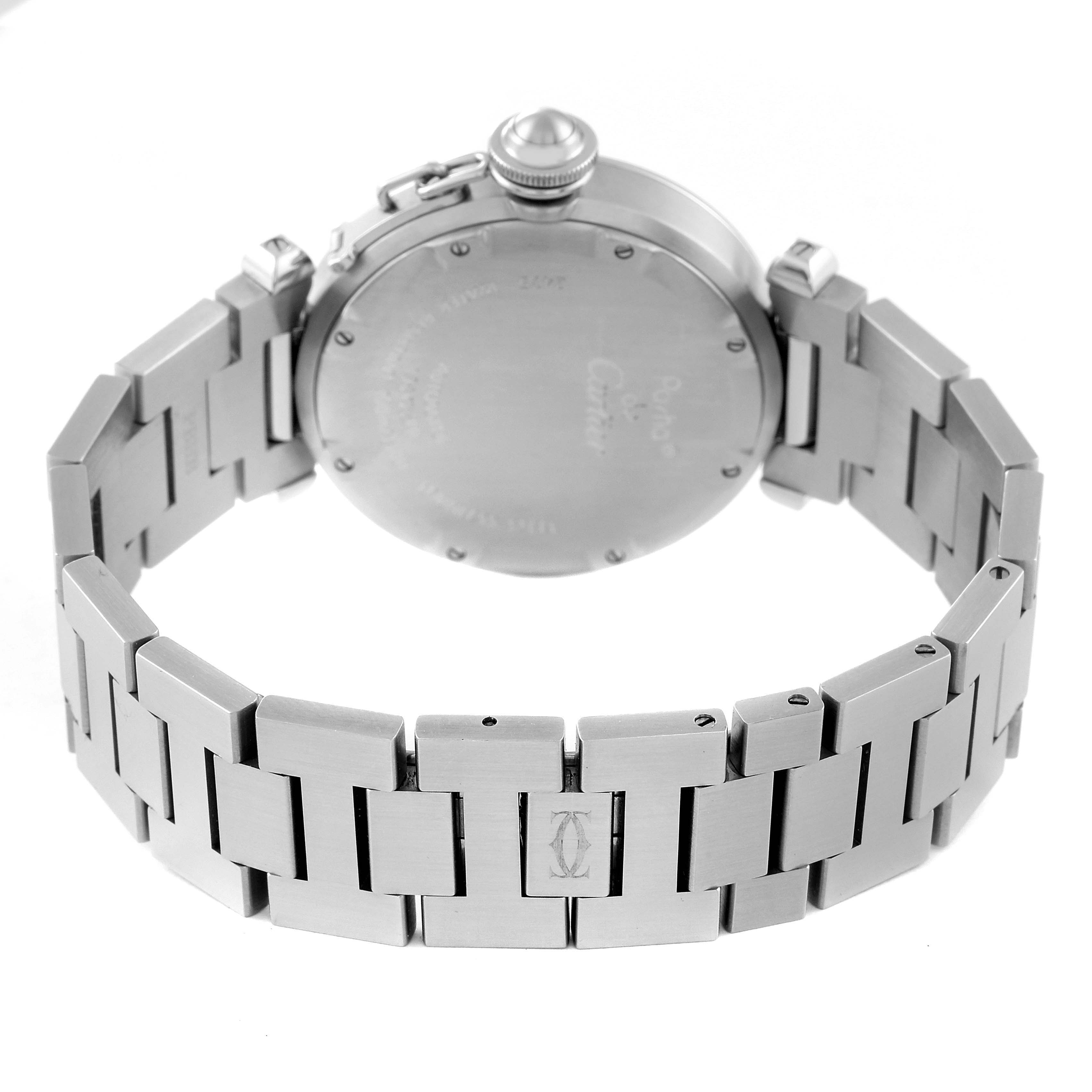 The image shows the back view of a Cartier Pasha W31055M7 Men
s Stainless Steel White Dial W31055M7 Men
s Stainless Steel White Dial watch displaying its case back and metal bracelet.