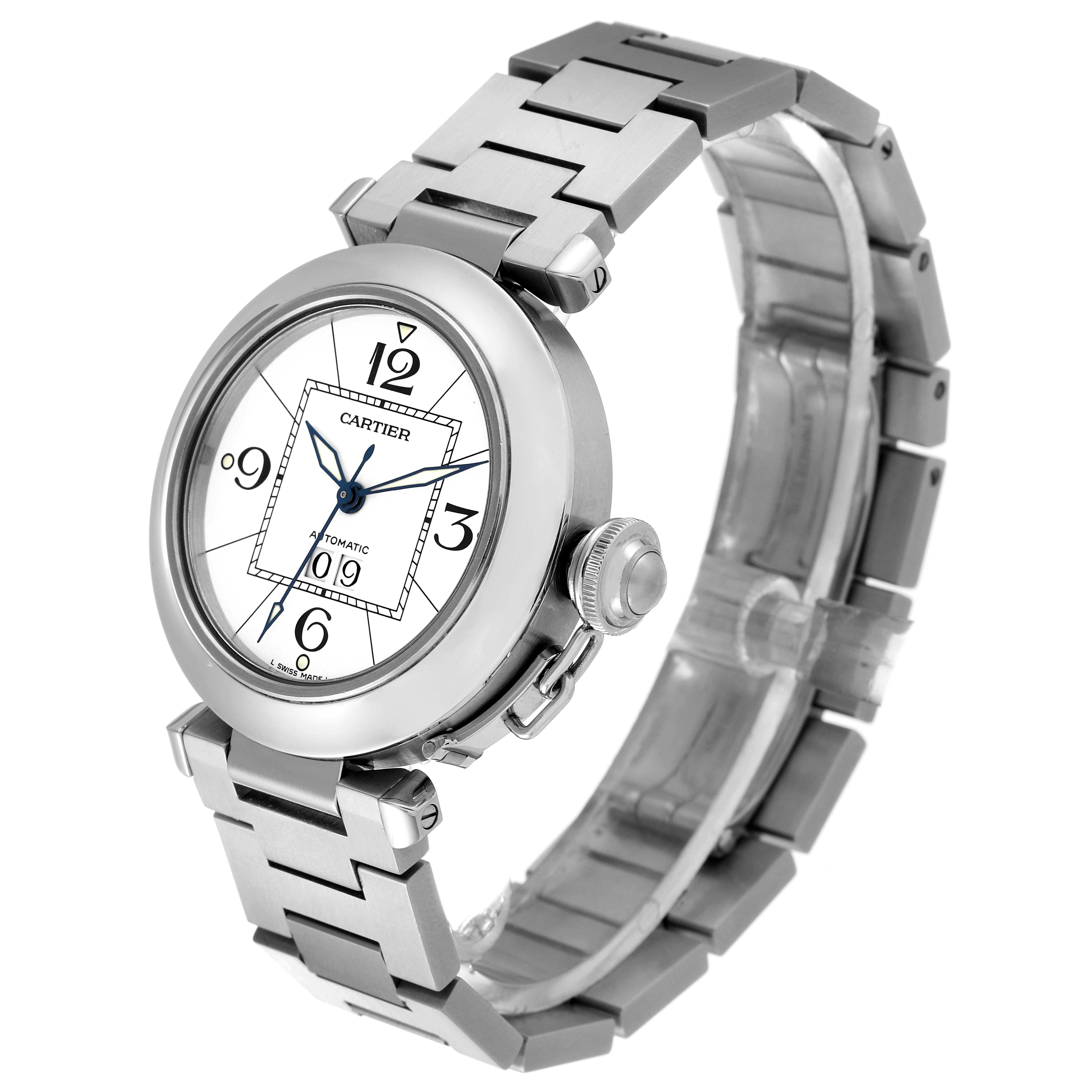 The Cartier Pasha W31055M7 Men
s Stainless Steel White Dial W31055M7 Men
s Stainless Steel White Dial watch is shown at a slight angle, featuring the round dial, crown, and stainless steel bracelet.