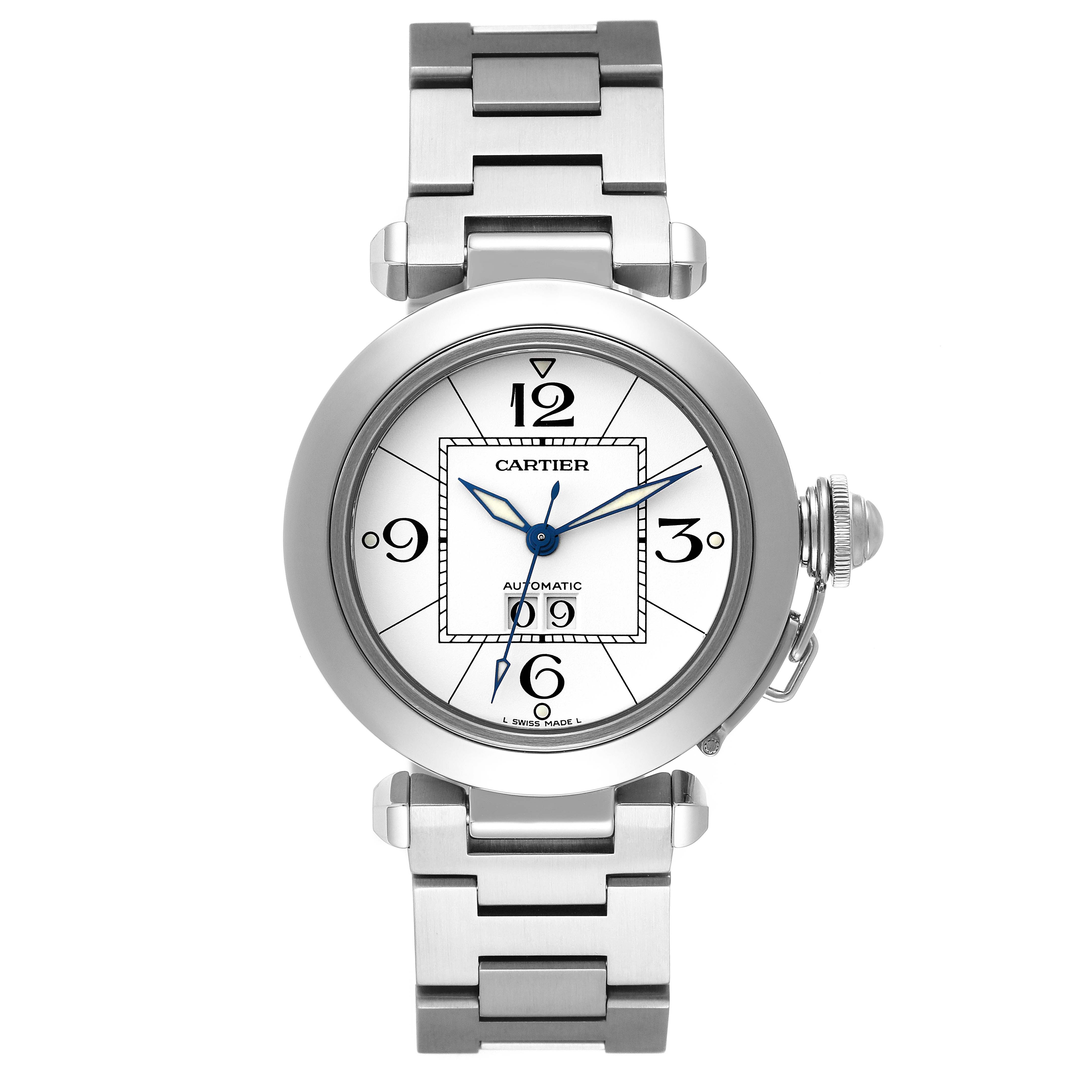 The image shows a front view of the Cartier Pasha W31055M7 Men
s Stainless Steel White Dial W31055M7 Men
s Stainless Steel White Dial watch, displaying the face, hands, and metal bracelet.