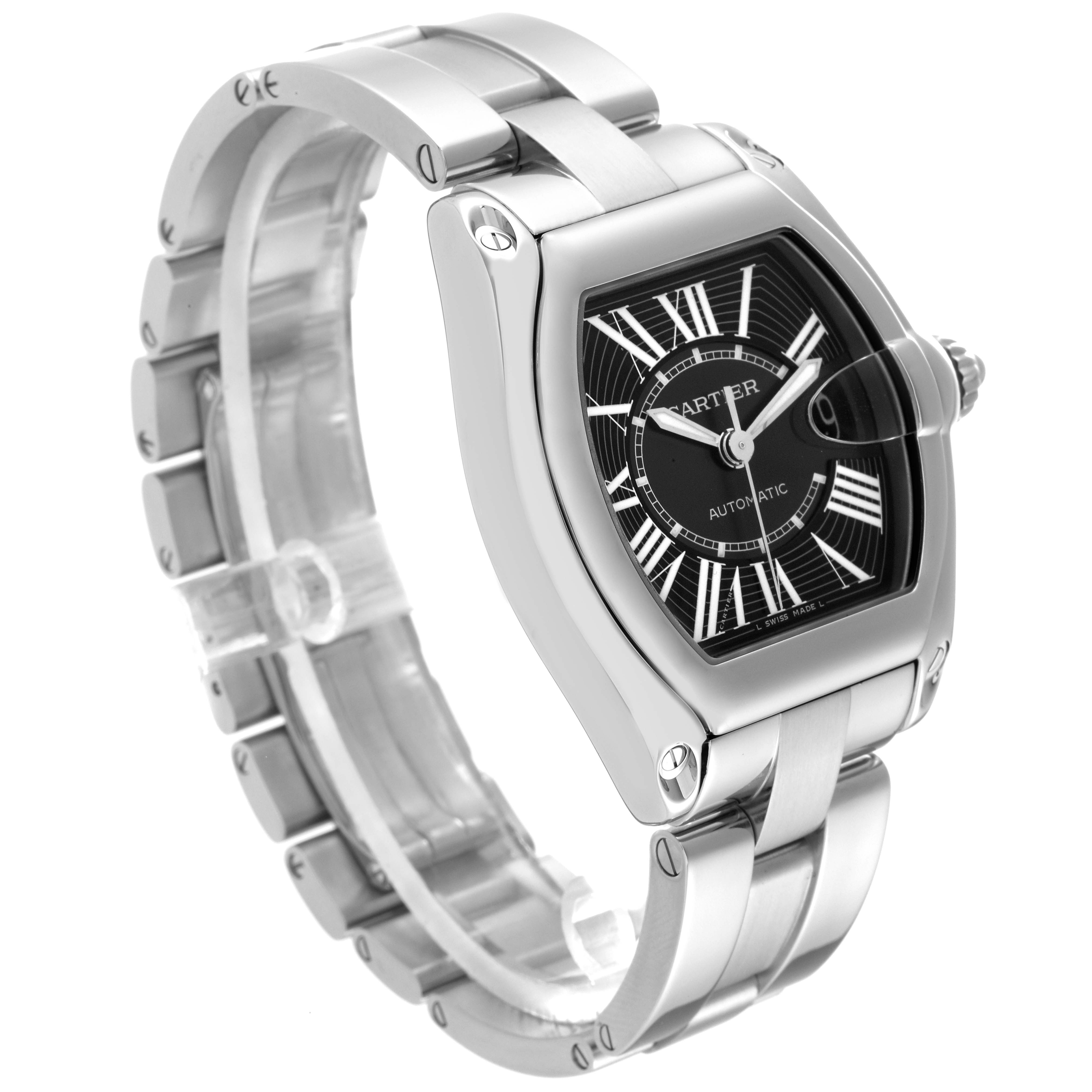 The Cartier Roadster W62041V3 Men's Stainless Steel Black Dial W62041V3 Men's Stainless Steel Black Dial watch is shown at a slight side angle, displaying its metal bracelet, case, crown, and black dial.