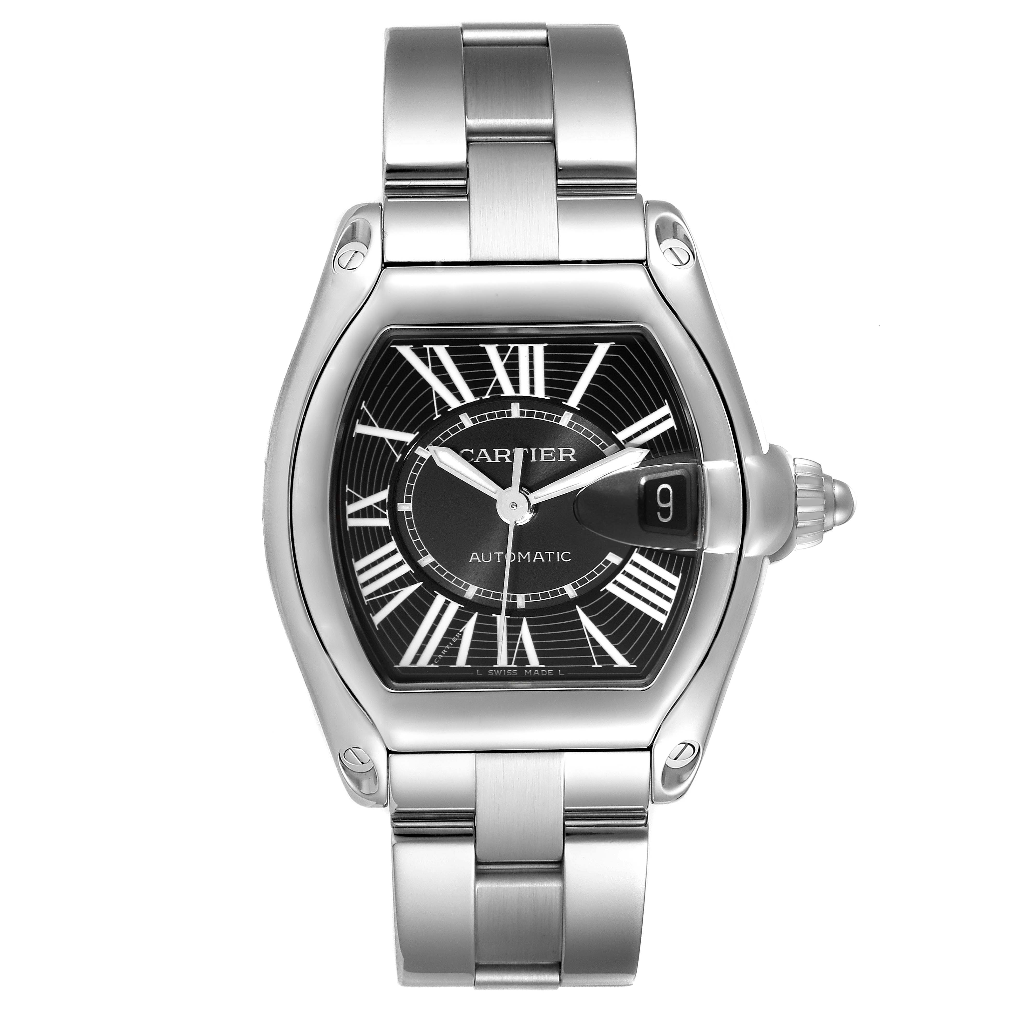 The image shows a Cartier Roadster W62041V3 Men's Stainless Steel Black Dial W62041V3 Men's Stainless Steel Black Dial watch with a frontal view of the face, bezel, and bracelet.