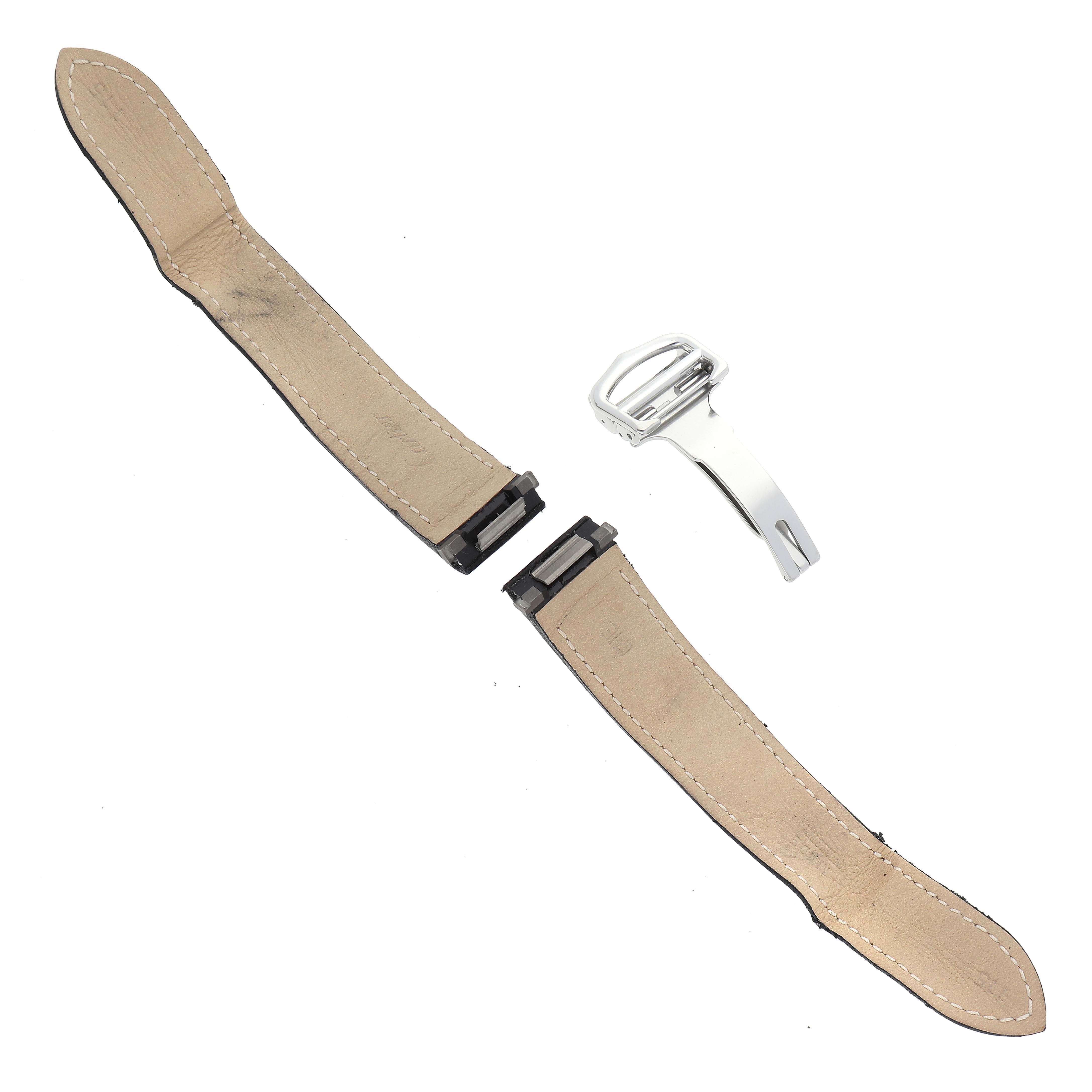 This image shows two detached leather straps and a stainless steel clasp for the Cartier Roadster W62041V3 Men's Stainless Steel Black Dial W62041V3 Men's Stainless Steel Black Dial model watch, viewed from above.