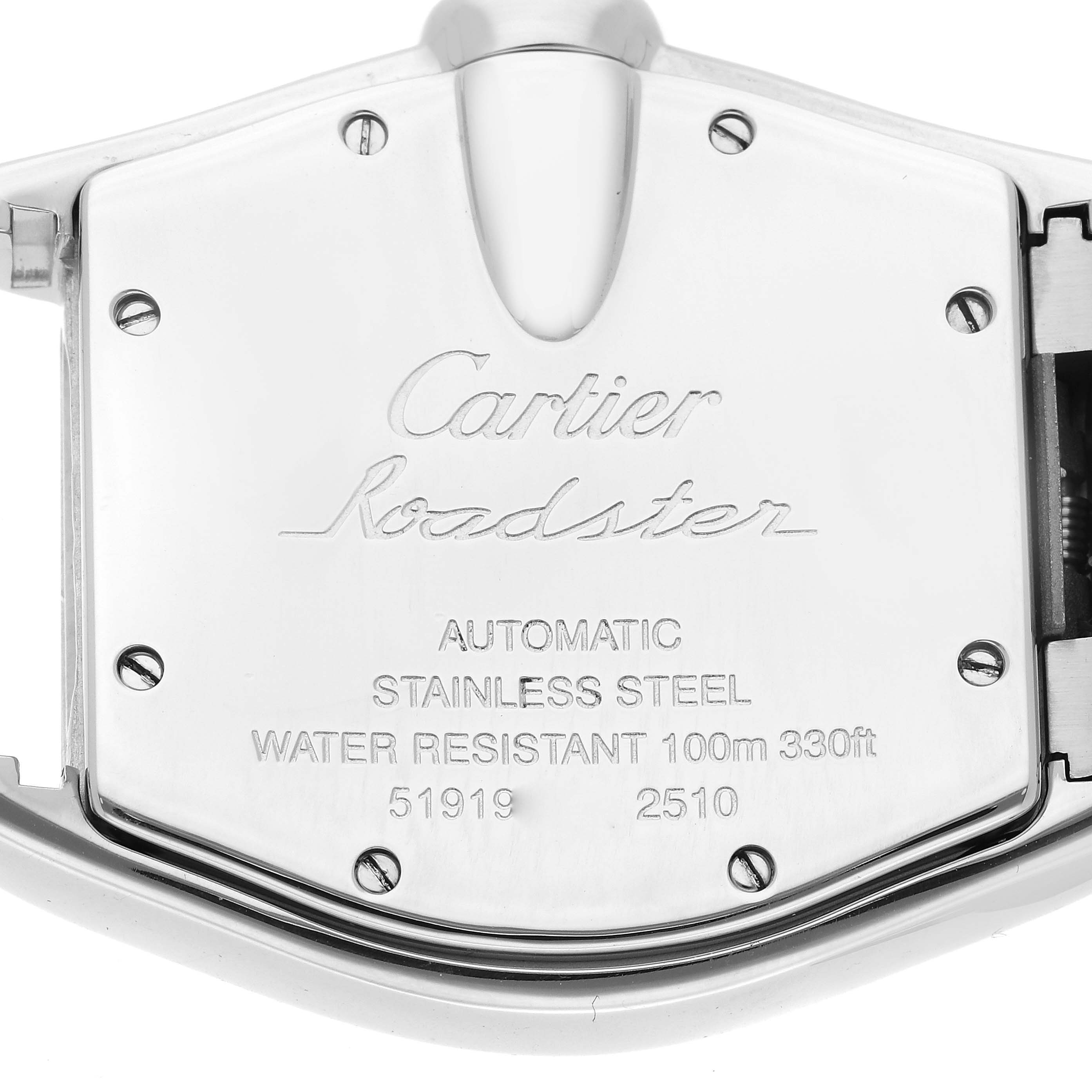 The image shows the back case of a Cartier Roadster W62041V3 Men's Stainless Steel Black Dial W62041V3 Men's Stainless Steel Black Dial watch, highlighting the brand, model, and specifications.