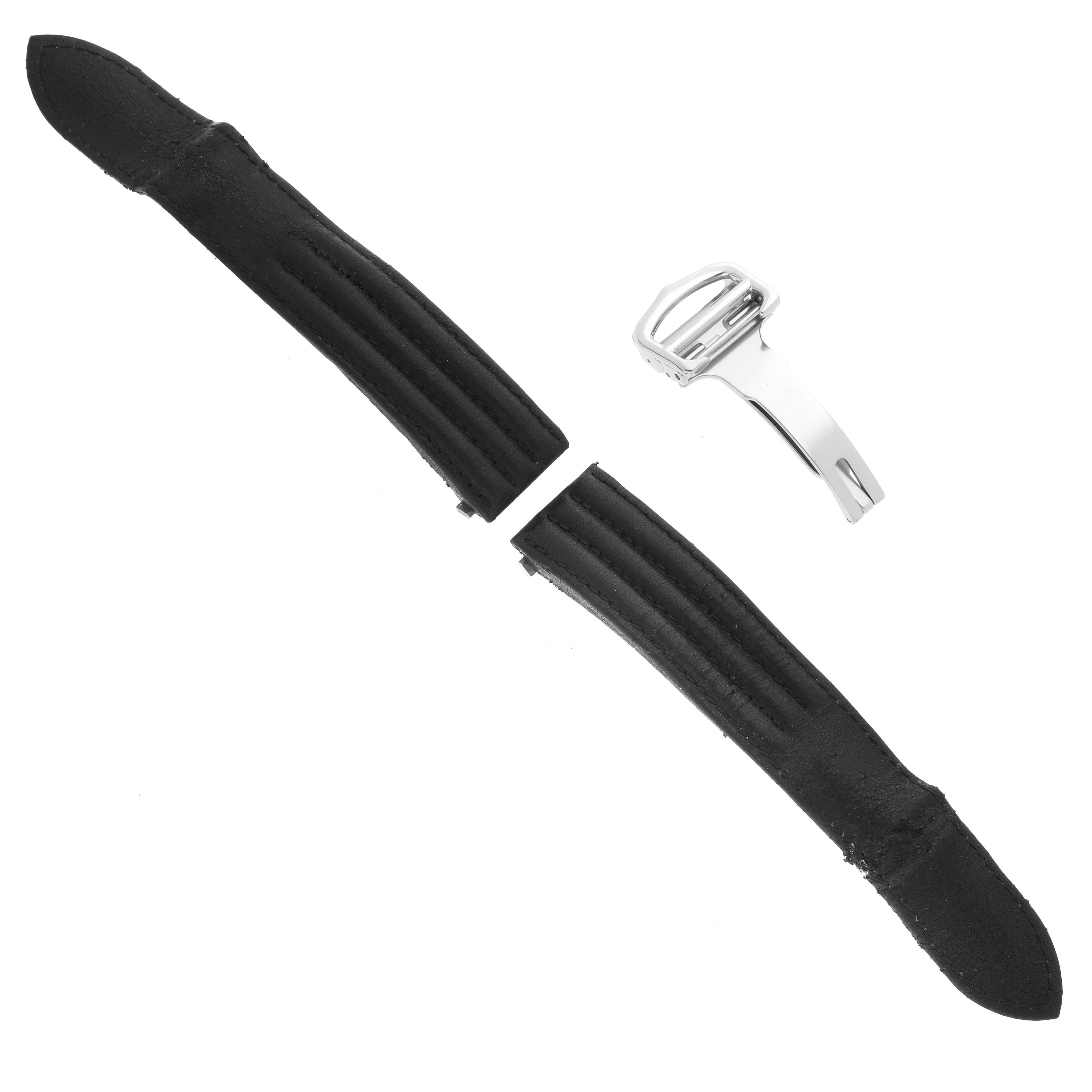 The image shows black leather straps with a stainless steel deployment clasp for the Cartier Roadster W62041V3 Men's Stainless Steel Black Dial W62041V3 Men's Stainless Steel Black Dial model watch, photographed from above.