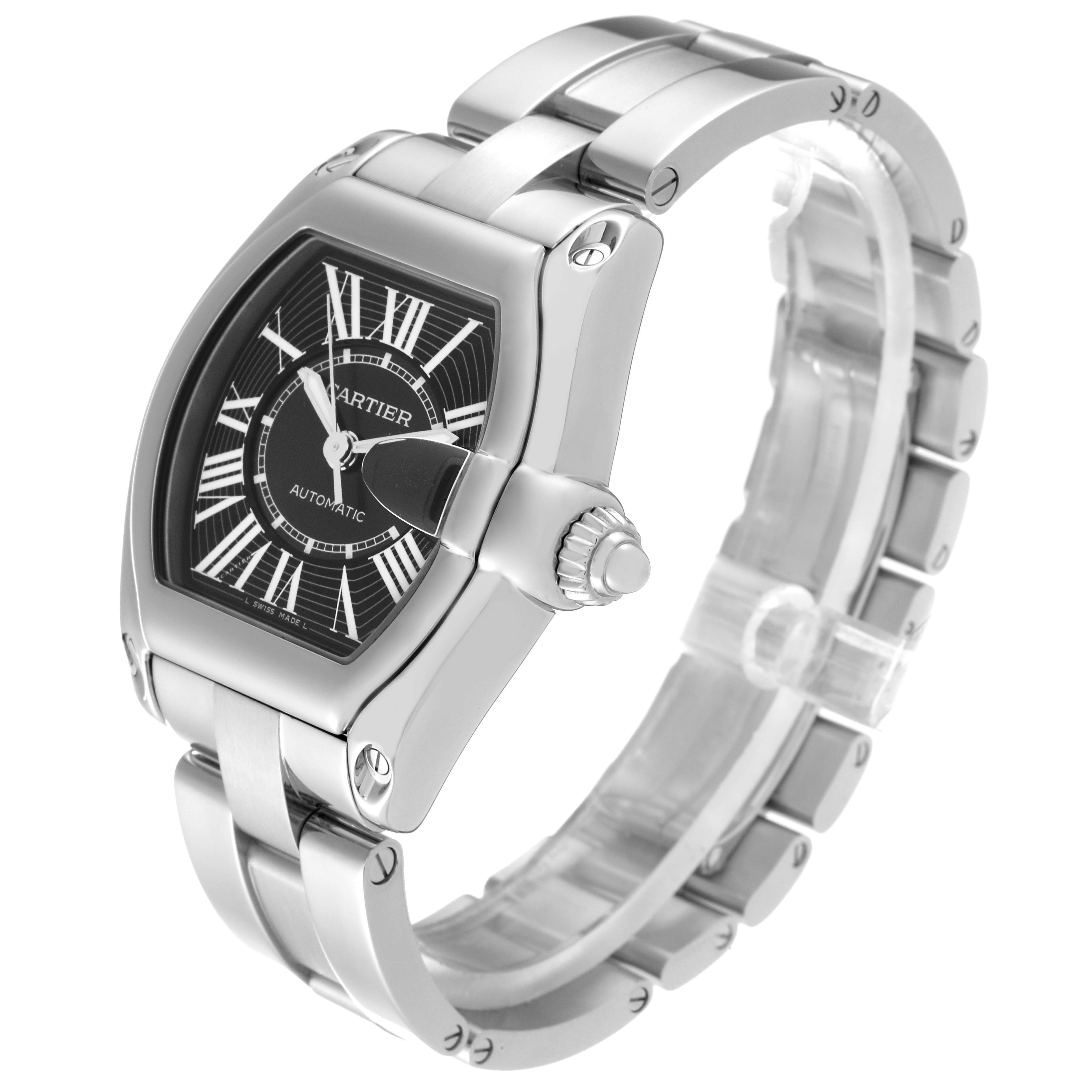 This image shows a Cartier Roadster W62041V3 Men's Stainless Steel Black Dial W62041V3 Men's Stainless Steel Black Dial watch, emphasizing the face, case, crown, and part of the bracelet, viewed at an angle.