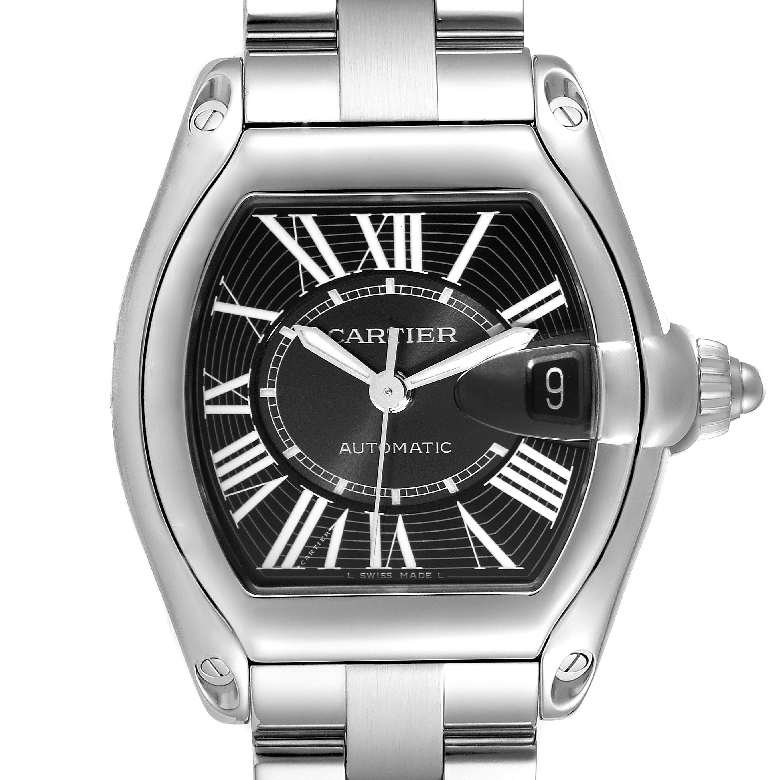 The image shows a Cartier Roadster W62041V3 Men's Stainless Steel Black Dial W62041V3 Men's Stainless Steel Black Dial watch face and bracelet from a front angle.