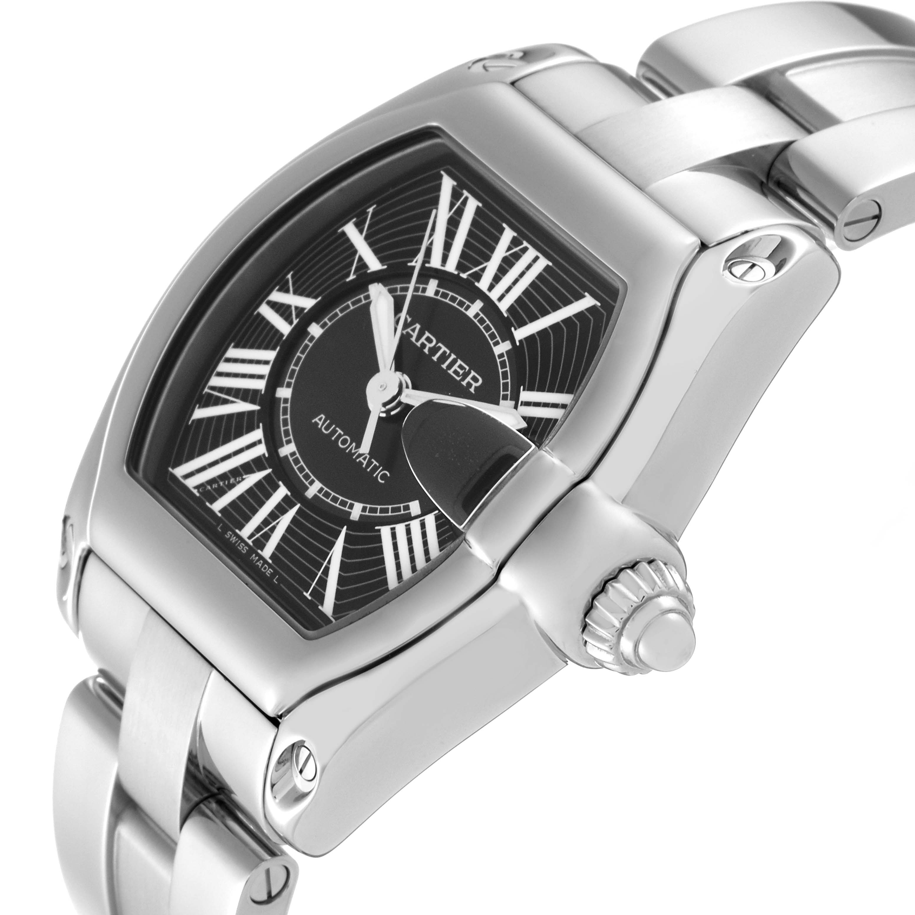The image shows a Cartier Roadster W62041V3 Men's Stainless Steel Black Dial W62041V3 Men's Stainless Steel Black Dial watch from a three-quarter angle, focusing on the face, crown, and part of the bracelet.
