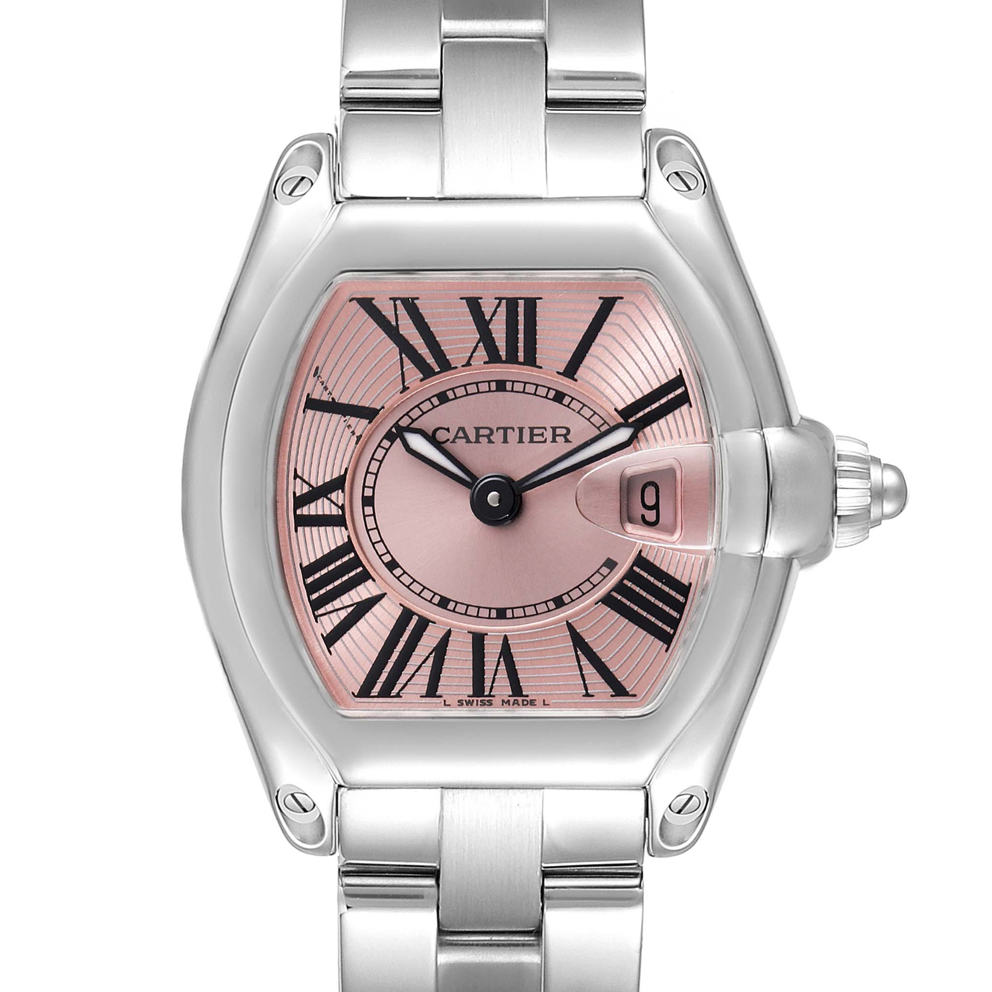 This image shows a Cartier Roadster W62017V3 Women's Stainless Steel Pink Dial W62017V3 Women's Stainless Steel Pink Dial watch from a top-down angle, highlighting its face, bracelet, and crown.