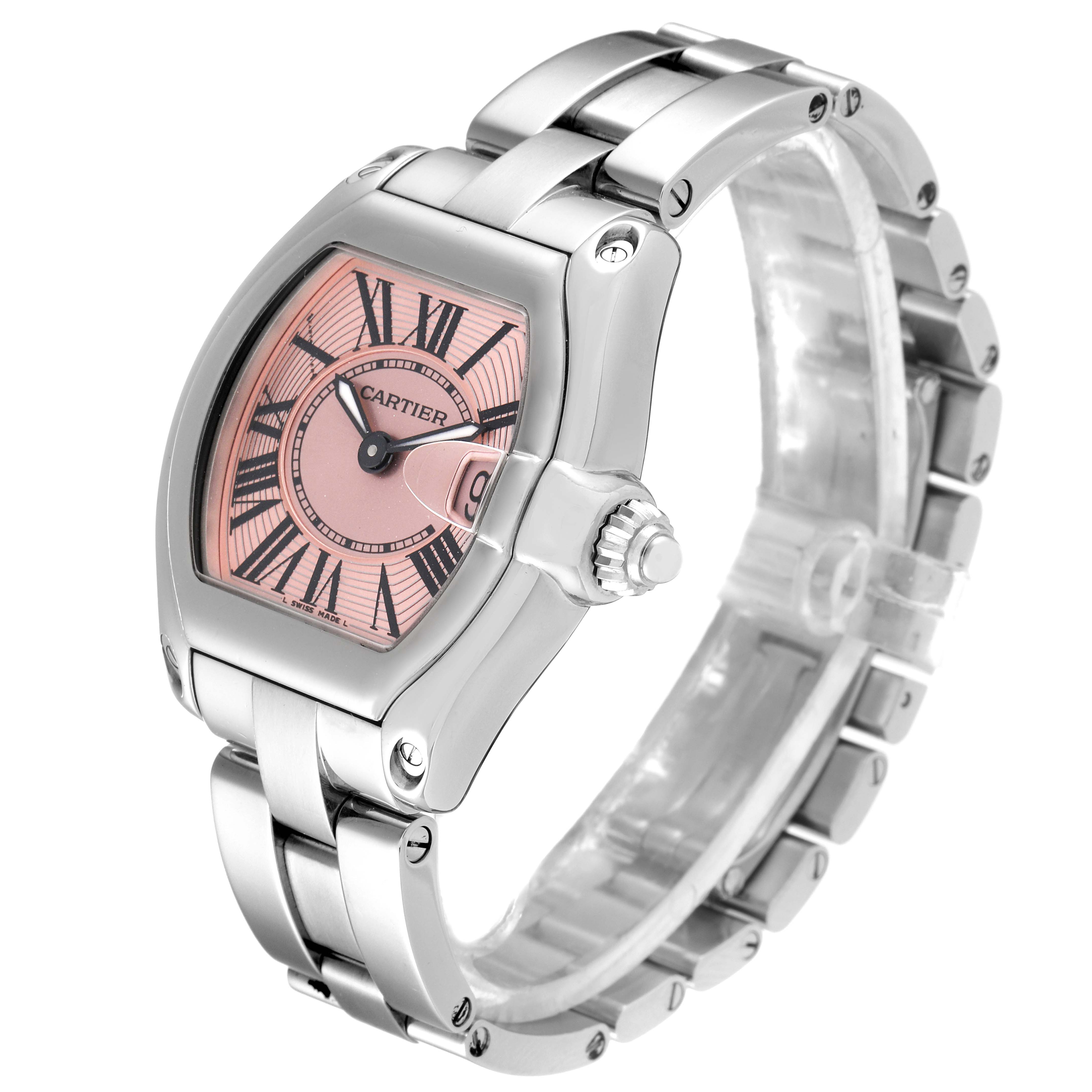 The Cartier Roadster W62017V3 Women's Stainless Steel Pink Dial W62017V3 Women's Stainless Steel Pink Dial watch is shown at an oblique angle, highlighting its pink dial, stainless steel case, and bracelet.
