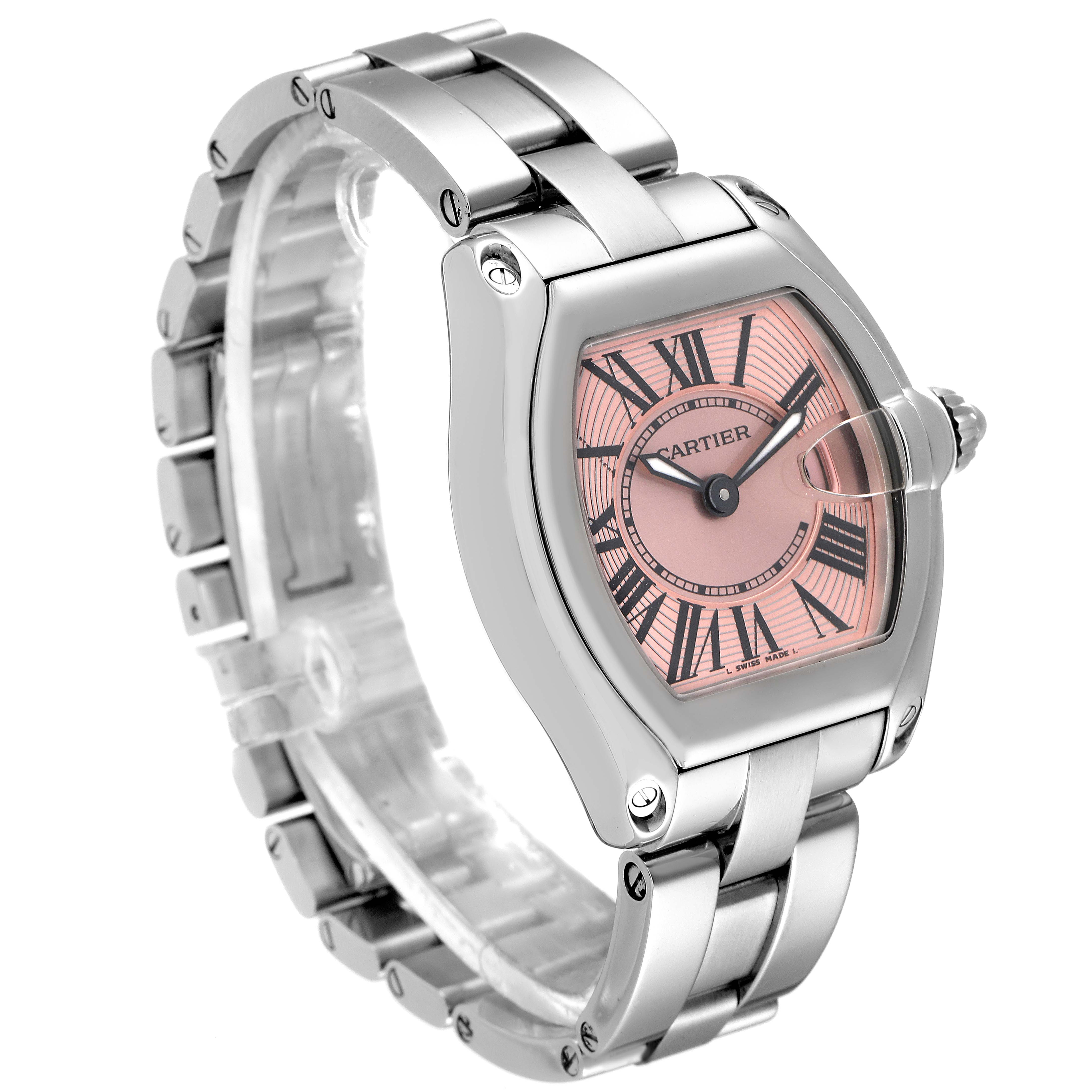 The Cartier Roadster W62017V3 Women's Stainless Steel Pink Dial W62017V3 Women's Stainless Steel Pink Dial watch is shown from a three-quarter angle highlighting the pink dial and metal bracelet.