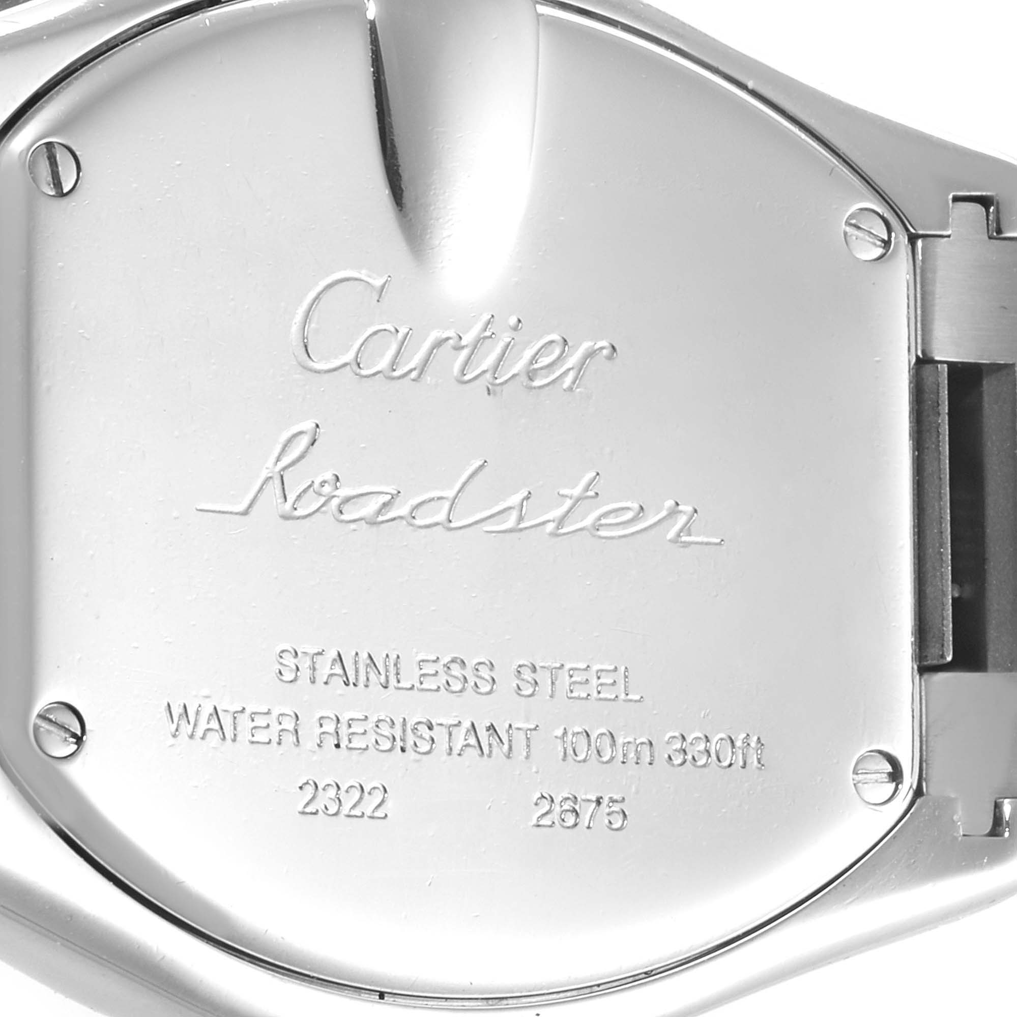 The image shows the back case of a Cartier Roadster W62017V3 Women's Stainless Steel Pink Dial W62017V3 Women's Stainless Steel Pink Dial watch, highlighting its stainless steel material and water resistance.