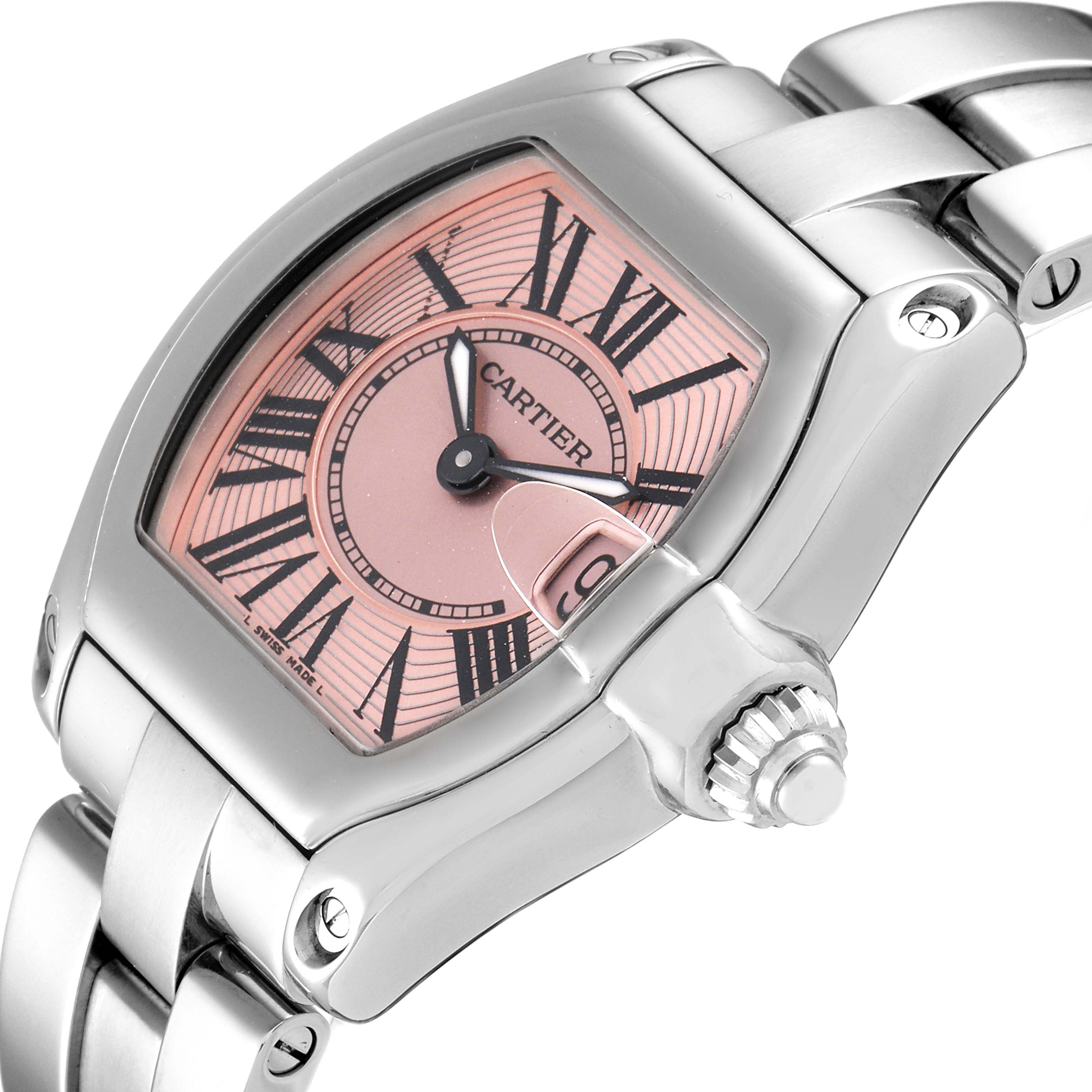 The image shows a close-up angle of a Cartier Roadster W62017V3 Women's Stainless Steel Pink Dial W62017V3 Women's Stainless Steel Pink Dial watch, highlighting the face, hands, date window, and part of the bracelet.