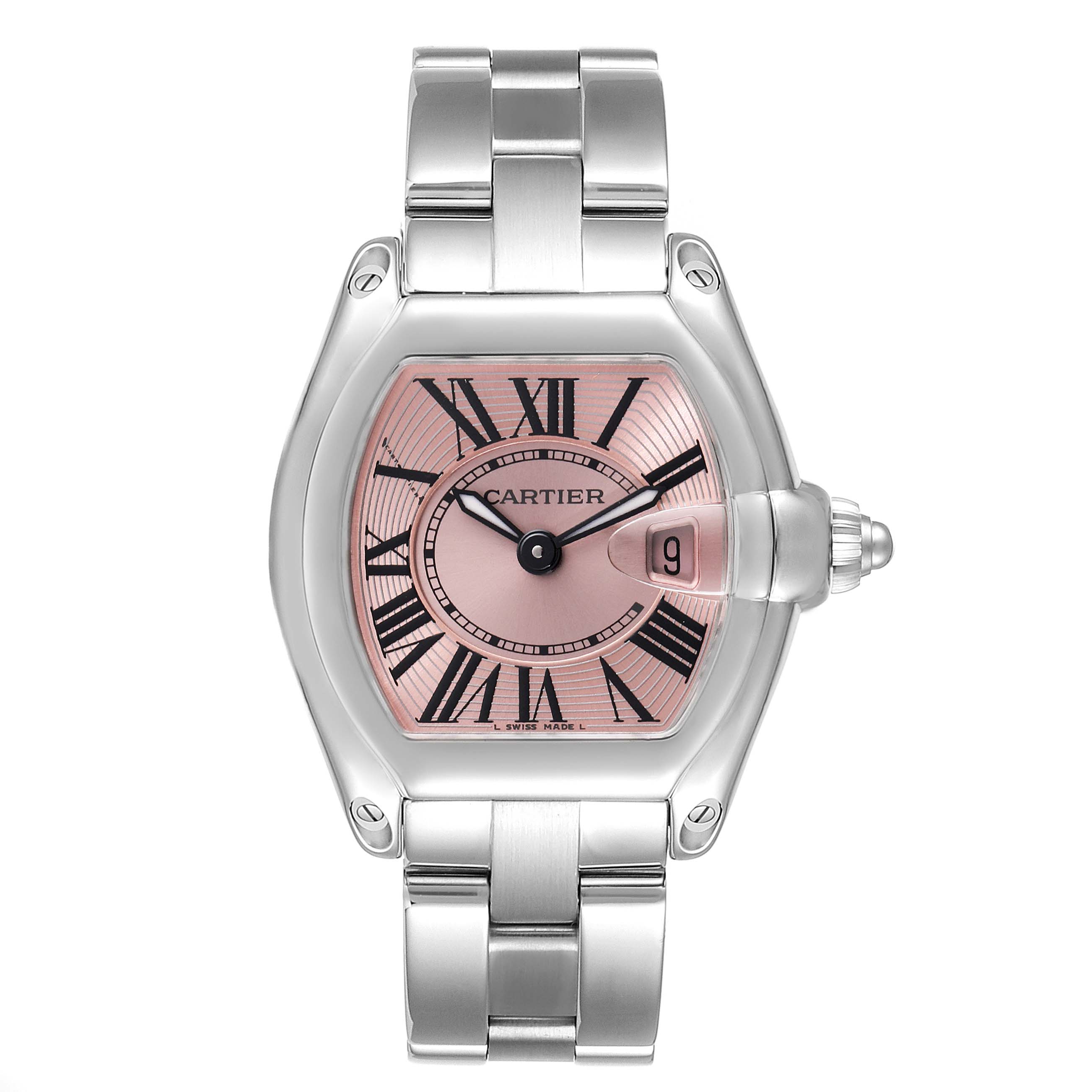 This image shows a front view of the Cartier Roadster W62017V3 Women's Stainless Steel Pink Dial W62017V3 Women's Stainless Steel Pink Dial watch, highlighting its dial, Roman numerals, and metal bracelet.