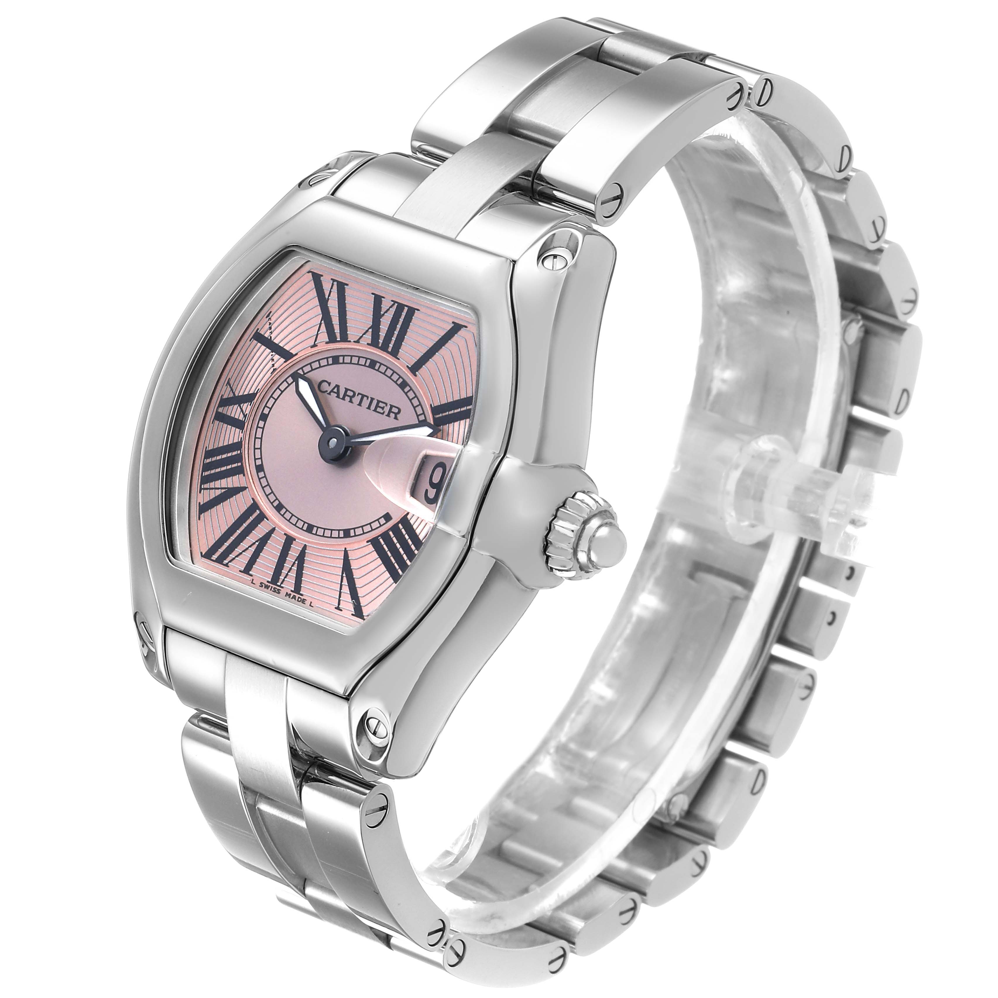 The Cartier Roadster W62017V3 Women's Stainless Steel Pink Dial watch is shown at an angle highlighting the face, bezel, crown, and bracelet.