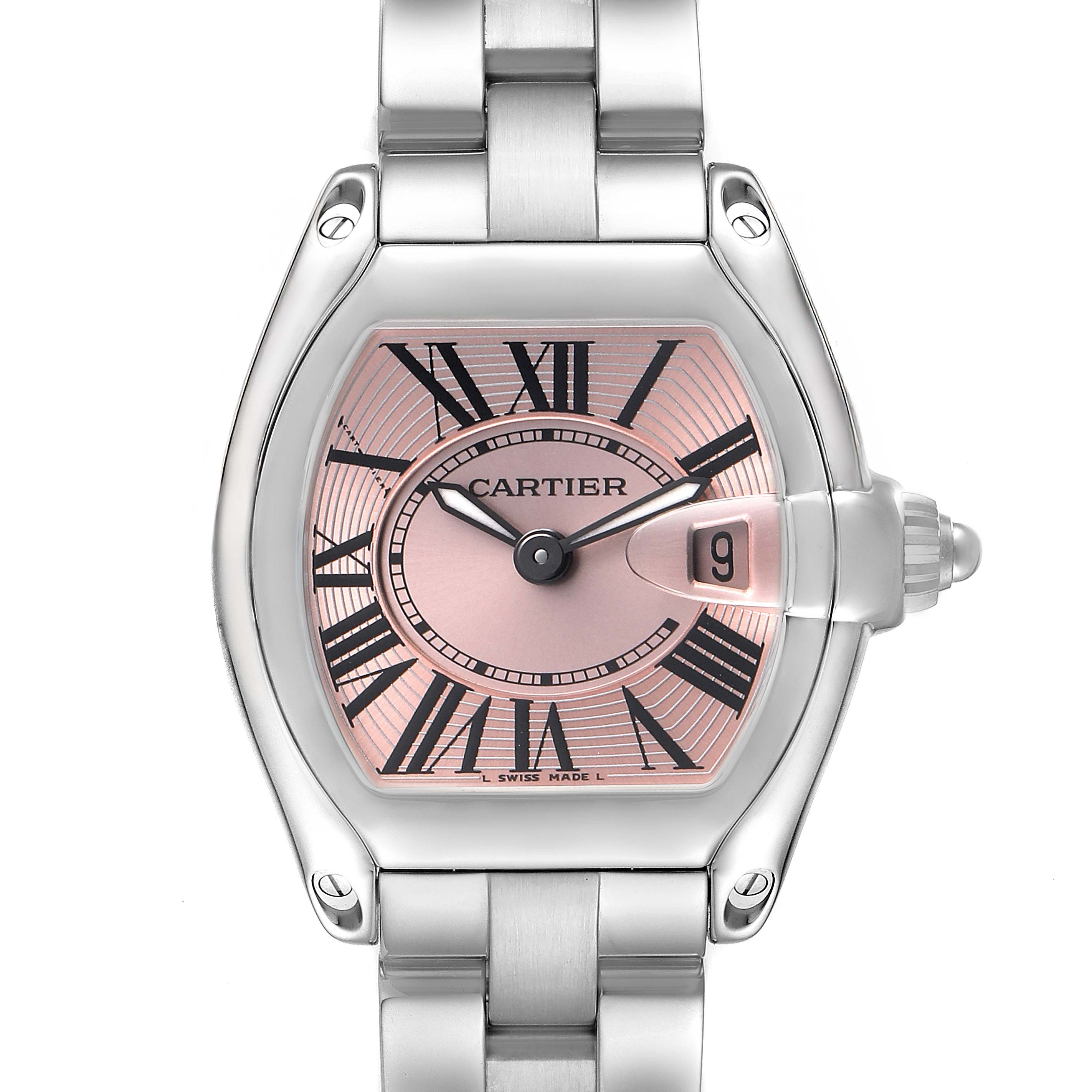 The Cartier Roadster W62017V3 Women's Stainless Steel Pink Dial watch is shown from the front, highlighting its pink dial, Roman numerals, and date function.