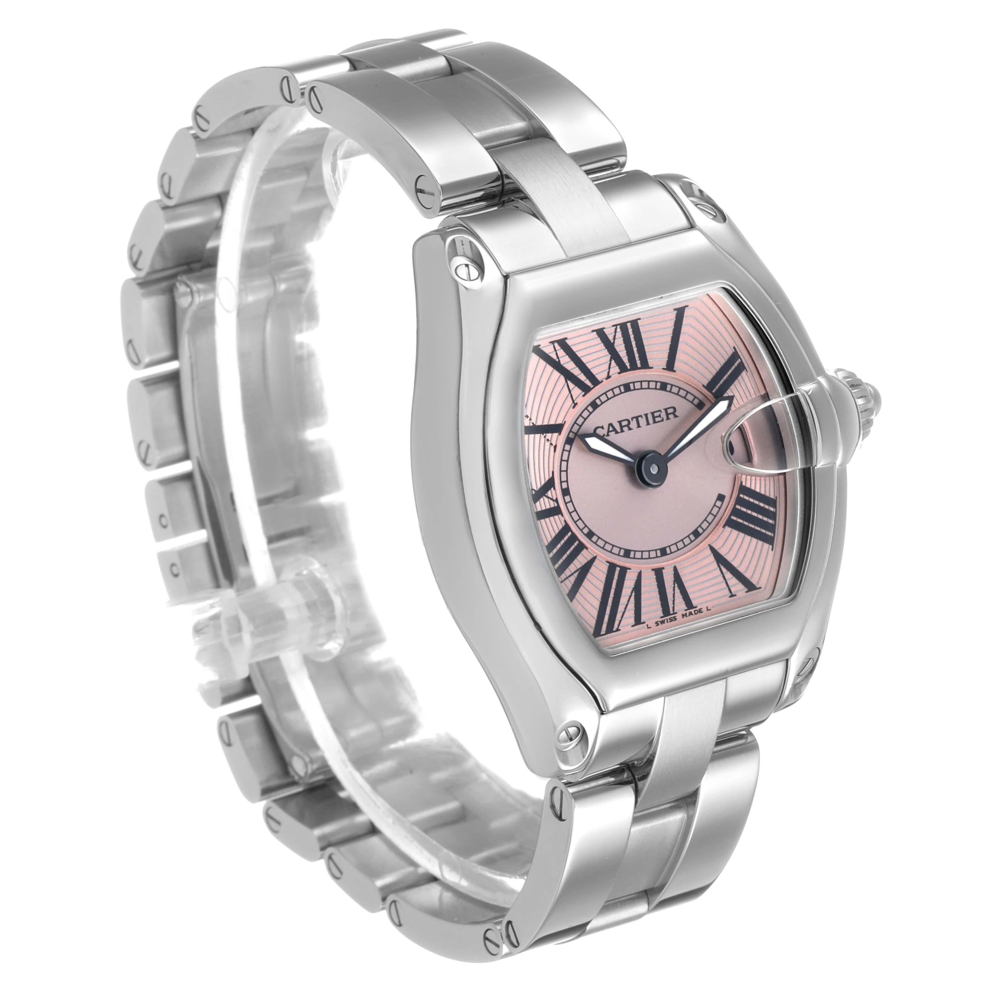The Cartier Roadster W62017V3 Women's Stainless Steel Pink Dial watch is shown at a three-quarter angle, highlighting the case, dial, bracelet, and crown.