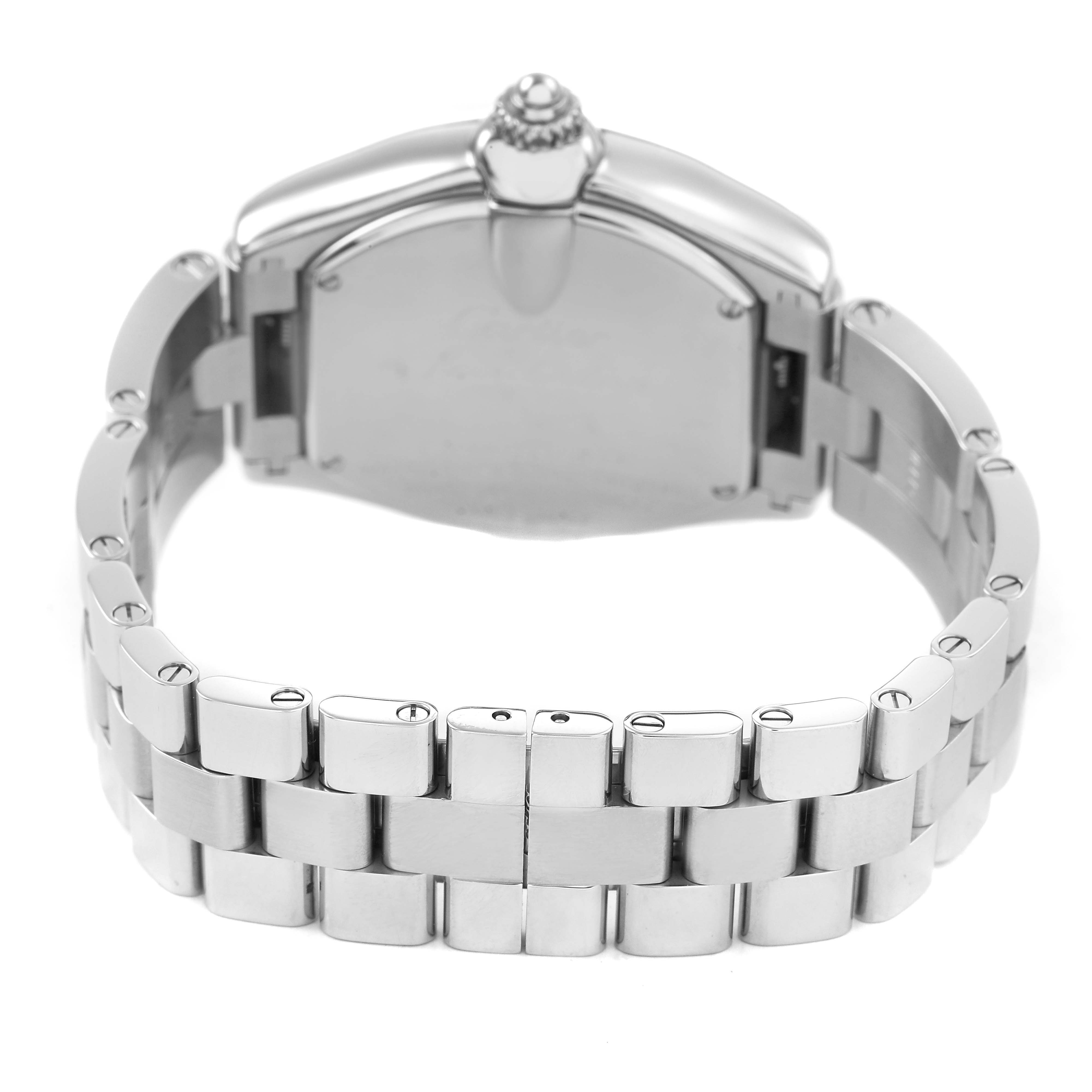 The image shows the back view of the Cartier Roadster W62017V3 Women's Stainless Steel Pink Dial watch, highlighting its bracelet and case back.