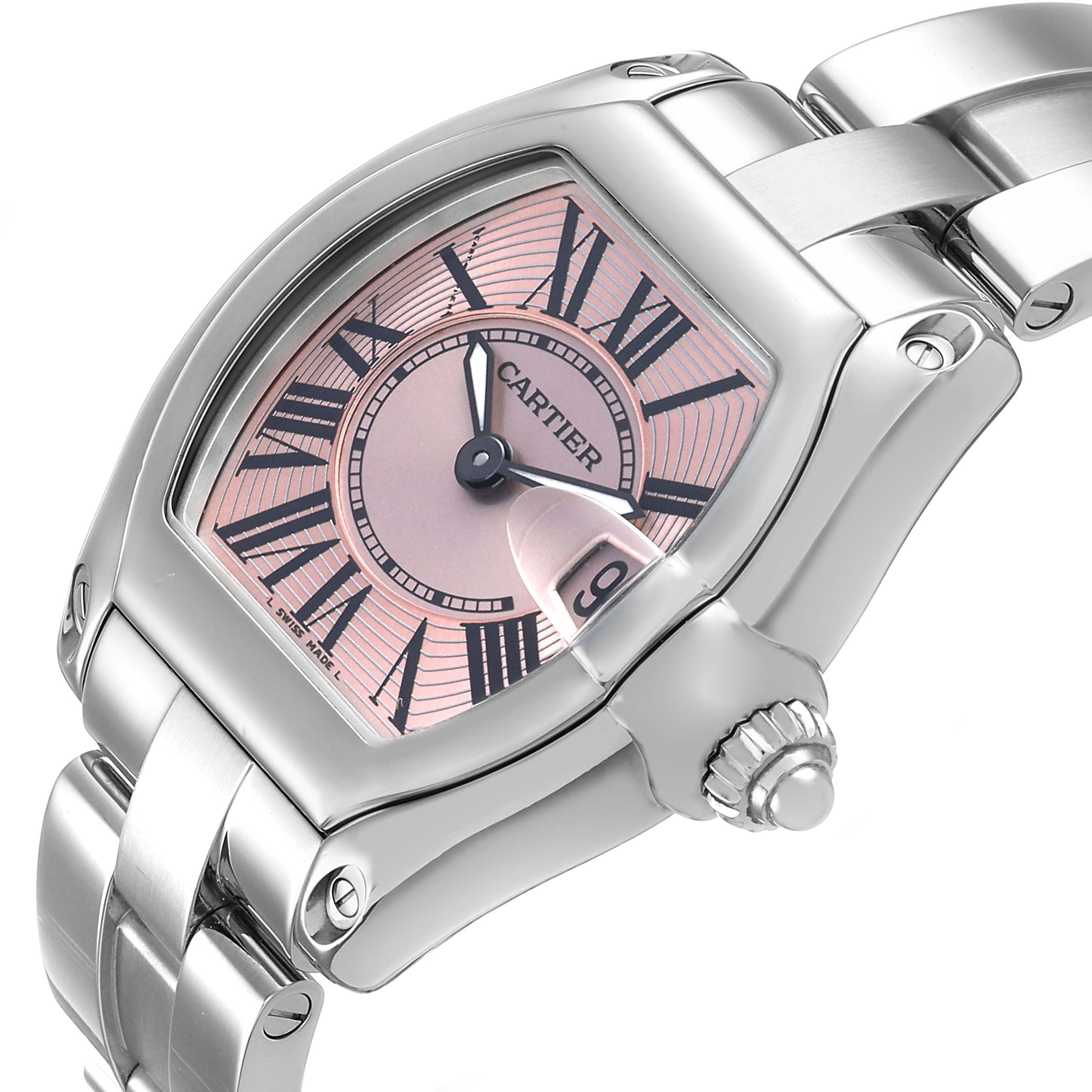 The Cartier Roadster W62017V3 Women's Stainless Steel Pink Dial watch is shown at an angle highlighting the dial, crown, bezel, and part of the bracelet.