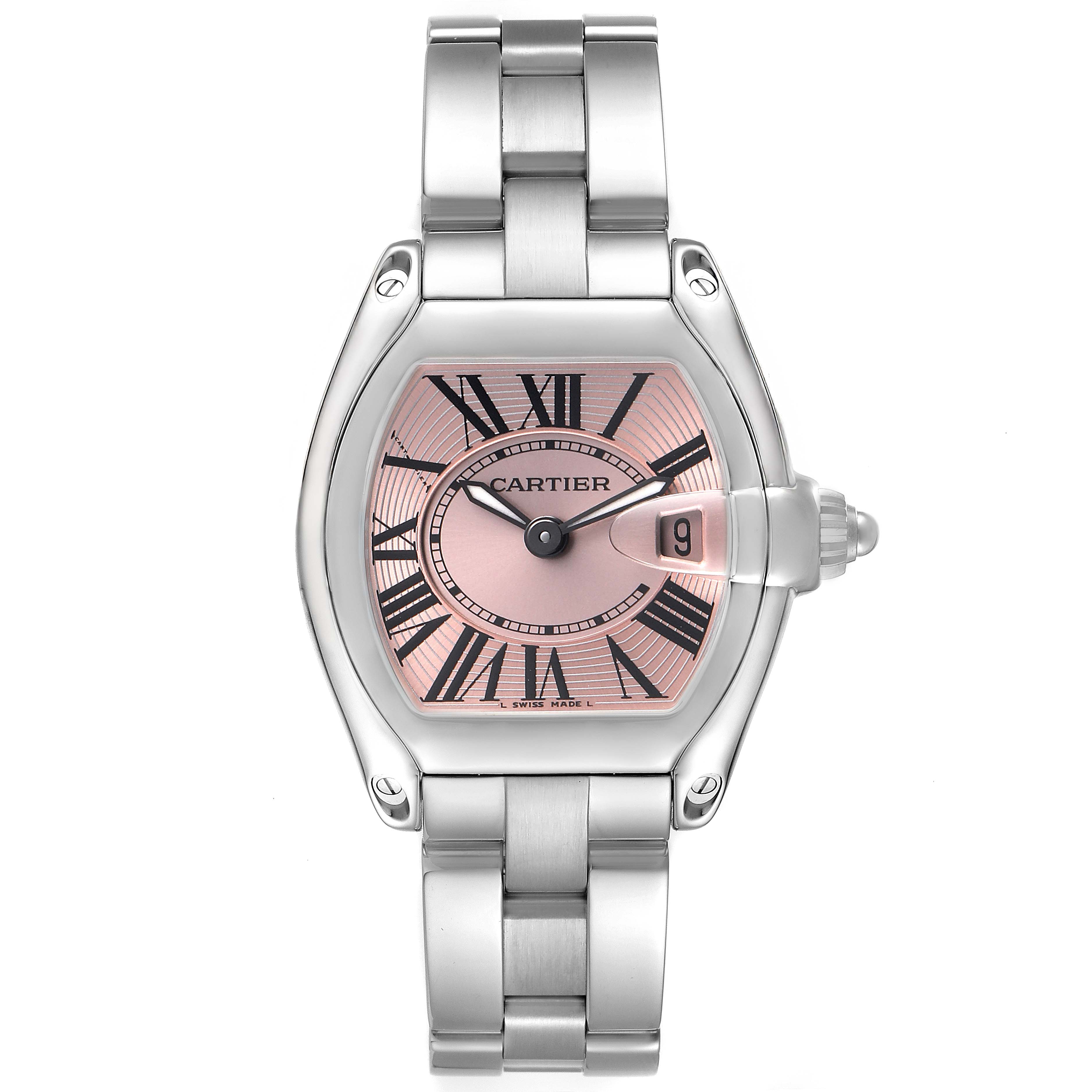 The Cartier Roadster W62017V3 Women's Stainless Steel Pink Dial watch is shown from a front view, highlighting the face, bezel, crown, and bracelet.
