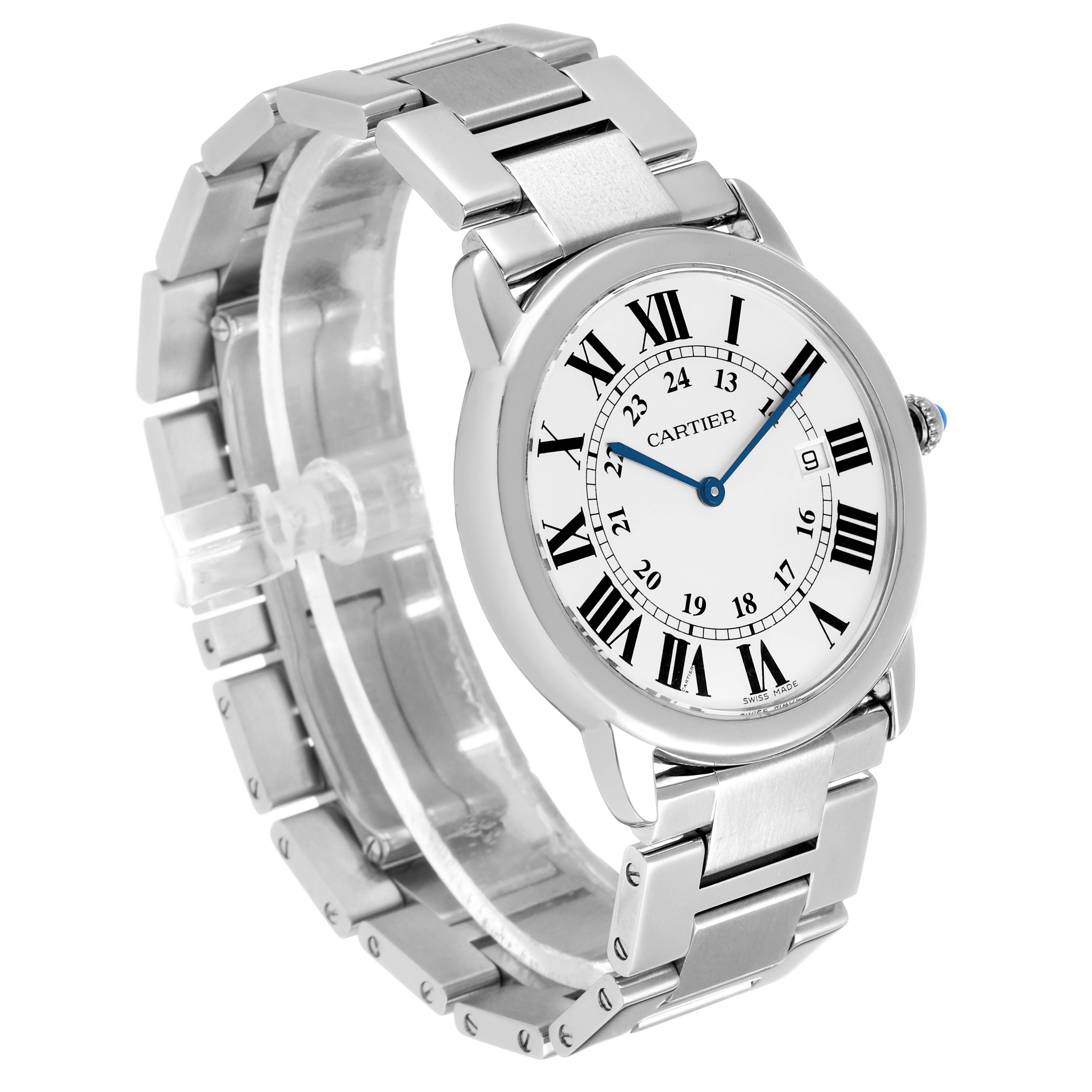 The Cartier Ronde W6701005 Men's Stainless Steel Silver Dial watch is shown at a three-quarter angle, depicting the face, bezel, crown, and metal bracelet.
