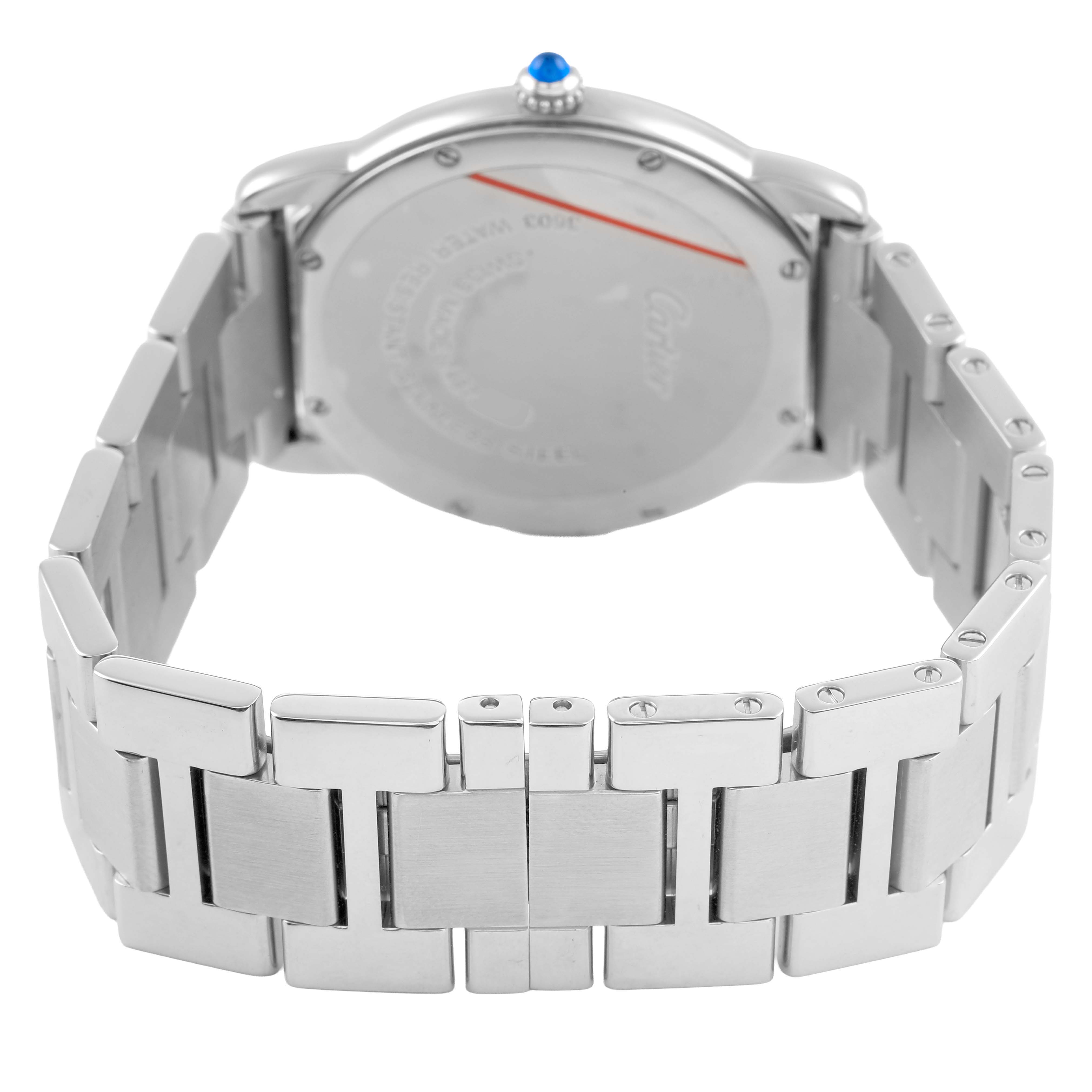The image shows a rear view of the Cartier Ronde W6701005 Men's Stainless Steel Silver Dial watch, highlighting the case back, crown, and metal bracelet.