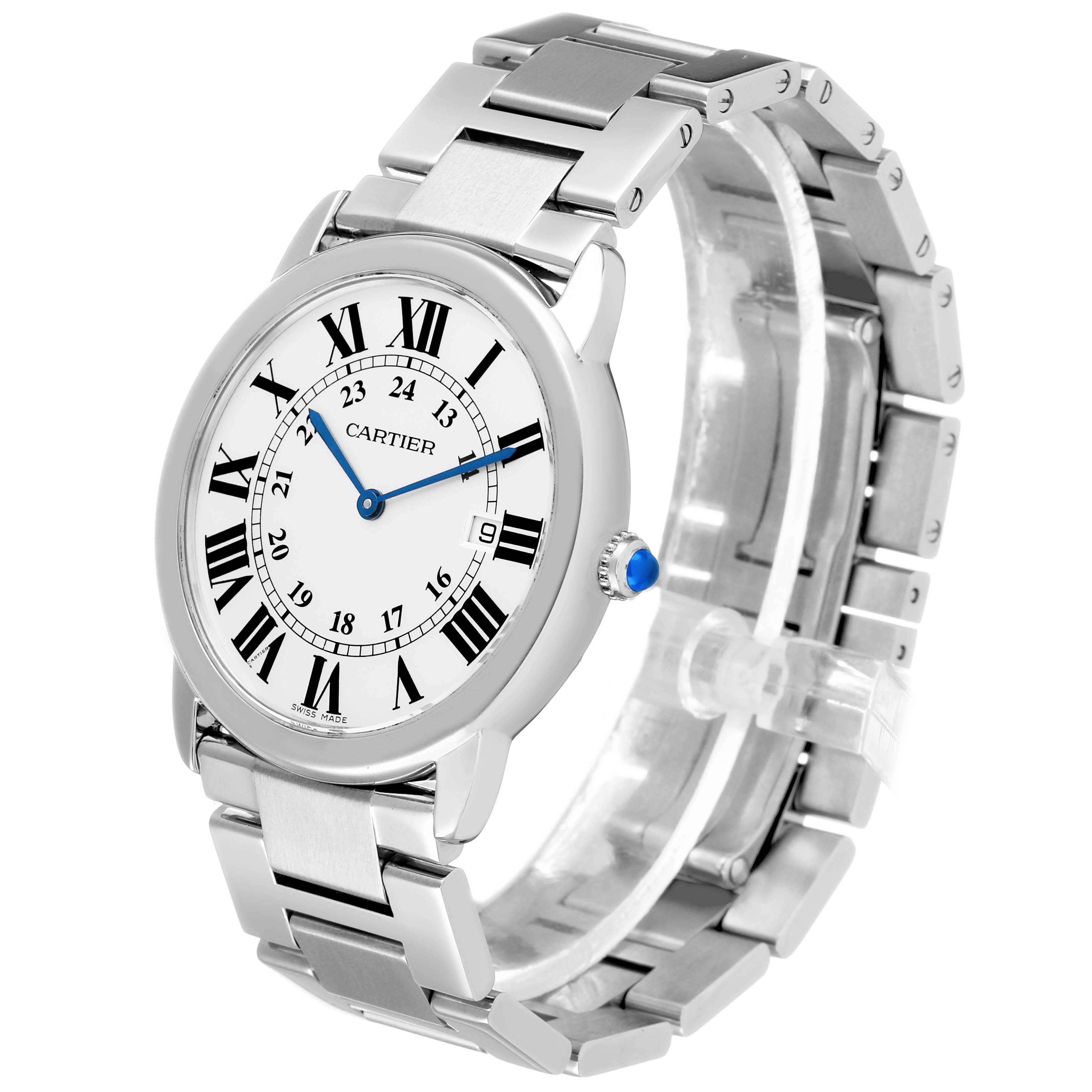 The Cartier Ronde W6701005 Men's Stainless Steel Silver Dial watch is shown at a three-quarter angle, displaying the face, bezel, and metal bracelet.
