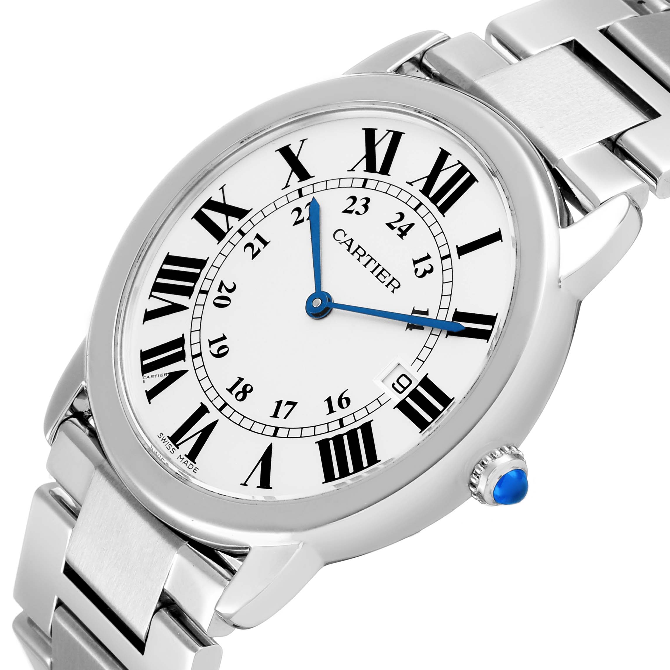 This Cartier Ronde W6701005 Men's Stainless Steel Silver Dial model watch is shown from an angled top view, highlighting the dial, bezel, and metal bracelet.