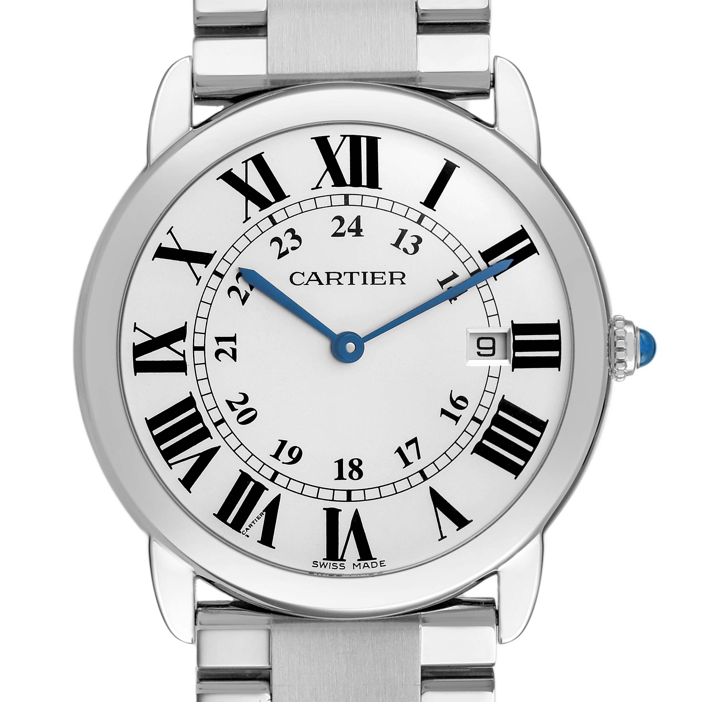 The Cartier Ronde W6701005 Men's Stainless Steel Silver Dial model is shown from a frontal angle, highlighting the dial, Roman numerals, hands, and part of the bracelet.
