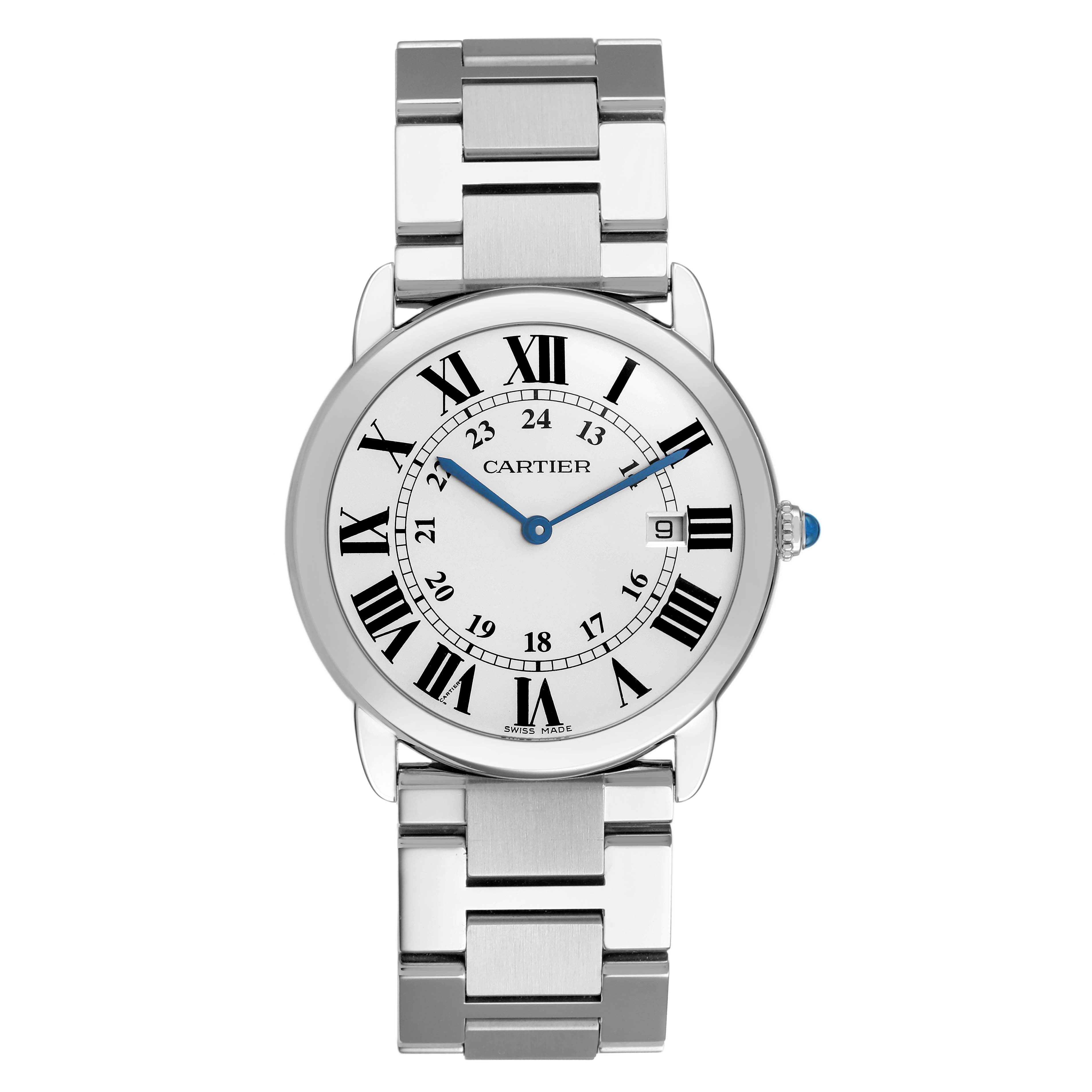 The Cartier Ronde W6701005 Men's Stainless Steel Silver Dial watch is shown from a front angle, displaying its face, Roman numerals, and metal bracelet.