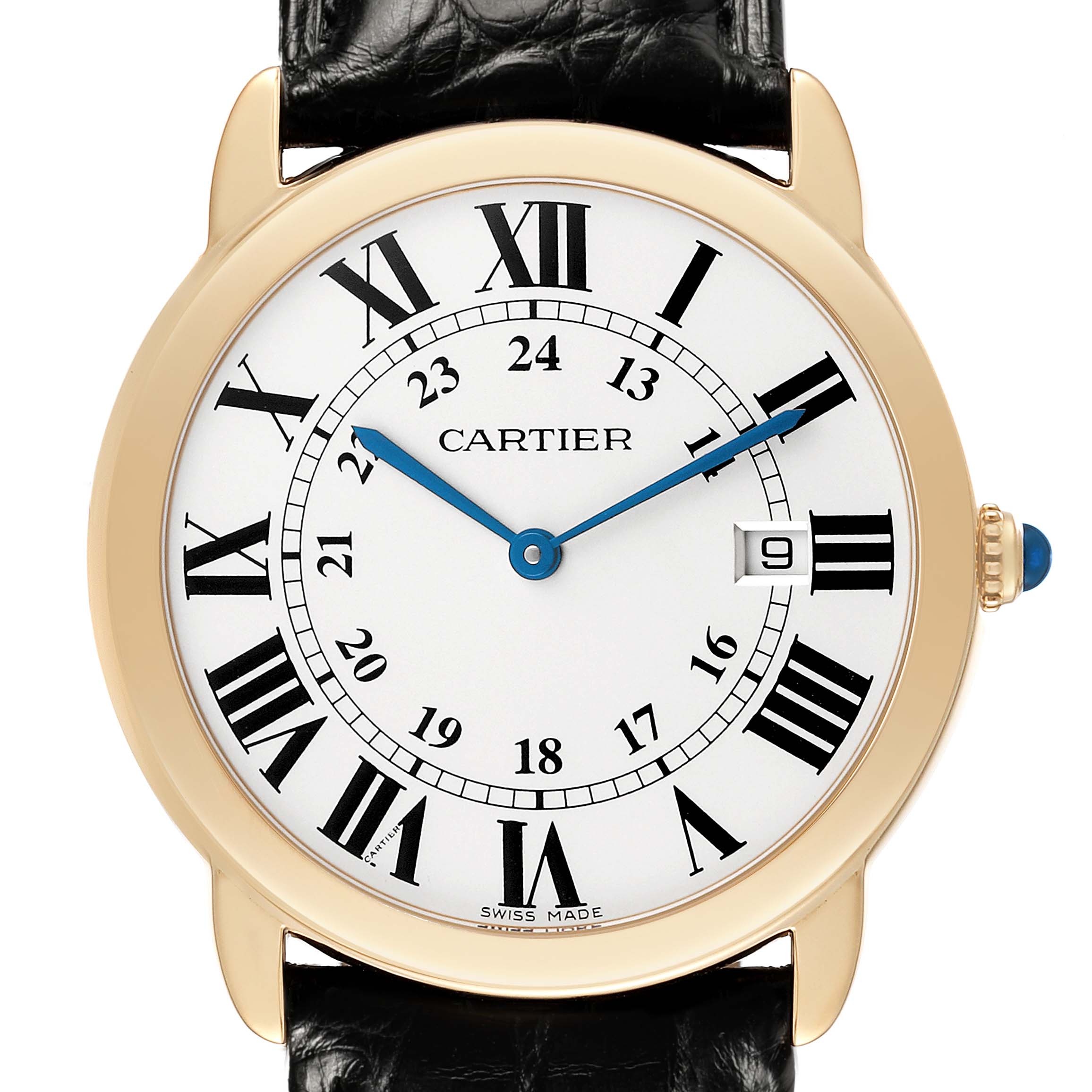 The Cartier Ronde W6700455 Men's Yellow Gold Silver Dial watch is shown from the front, displaying its dial with Roman numerals, blue hands, and date window.