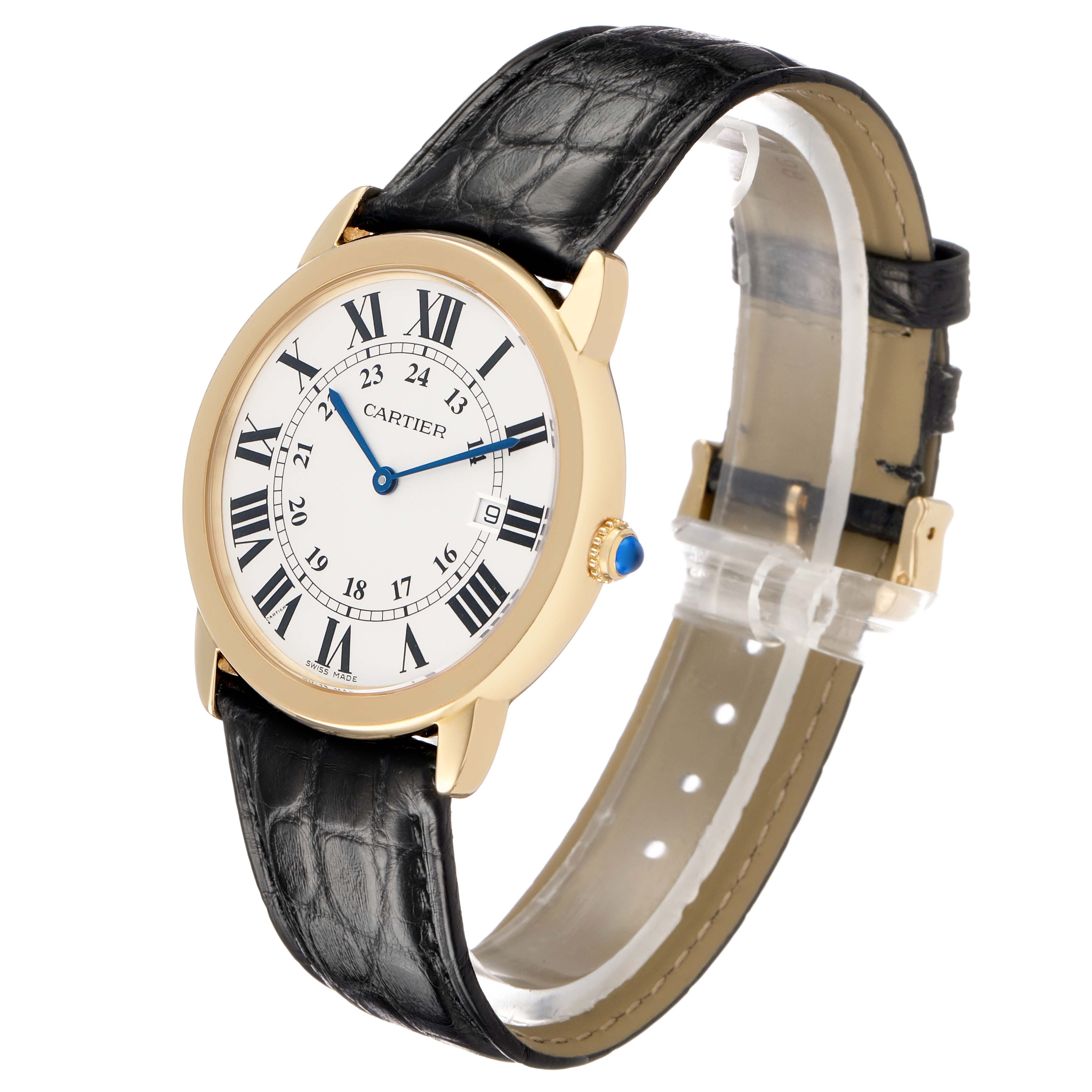 The Cartier Ronde W6700455 Men's Yellow Gold Silver Dial watch is shown at a slight angle, displaying its face, leather strap, and crown with a blue cabochon.