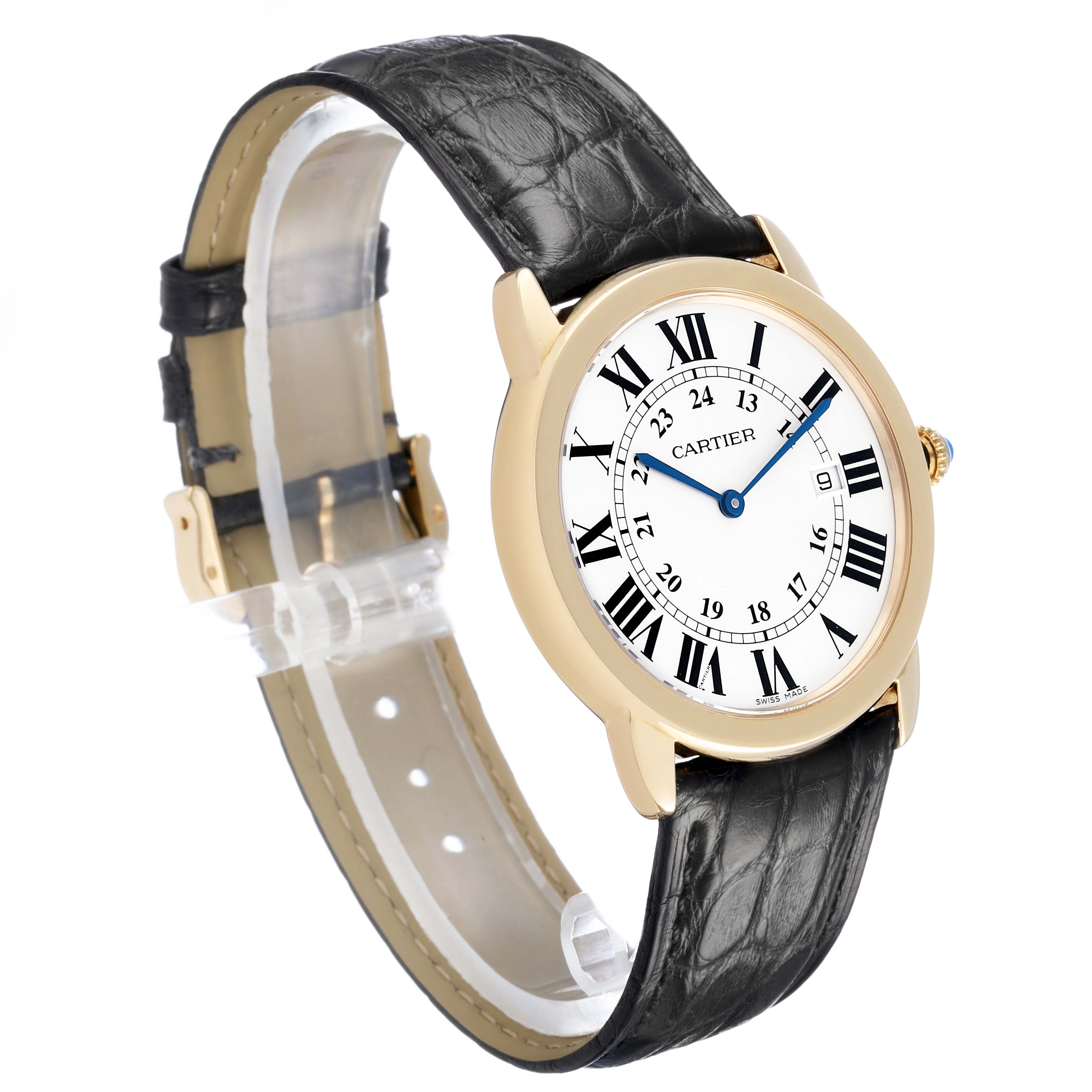 The Cartier Ronde W6700455 Men's Yellow Gold Silver Dial watch is shown at an angled side view, featuring its round face, Roman numerals, and black leather strap.