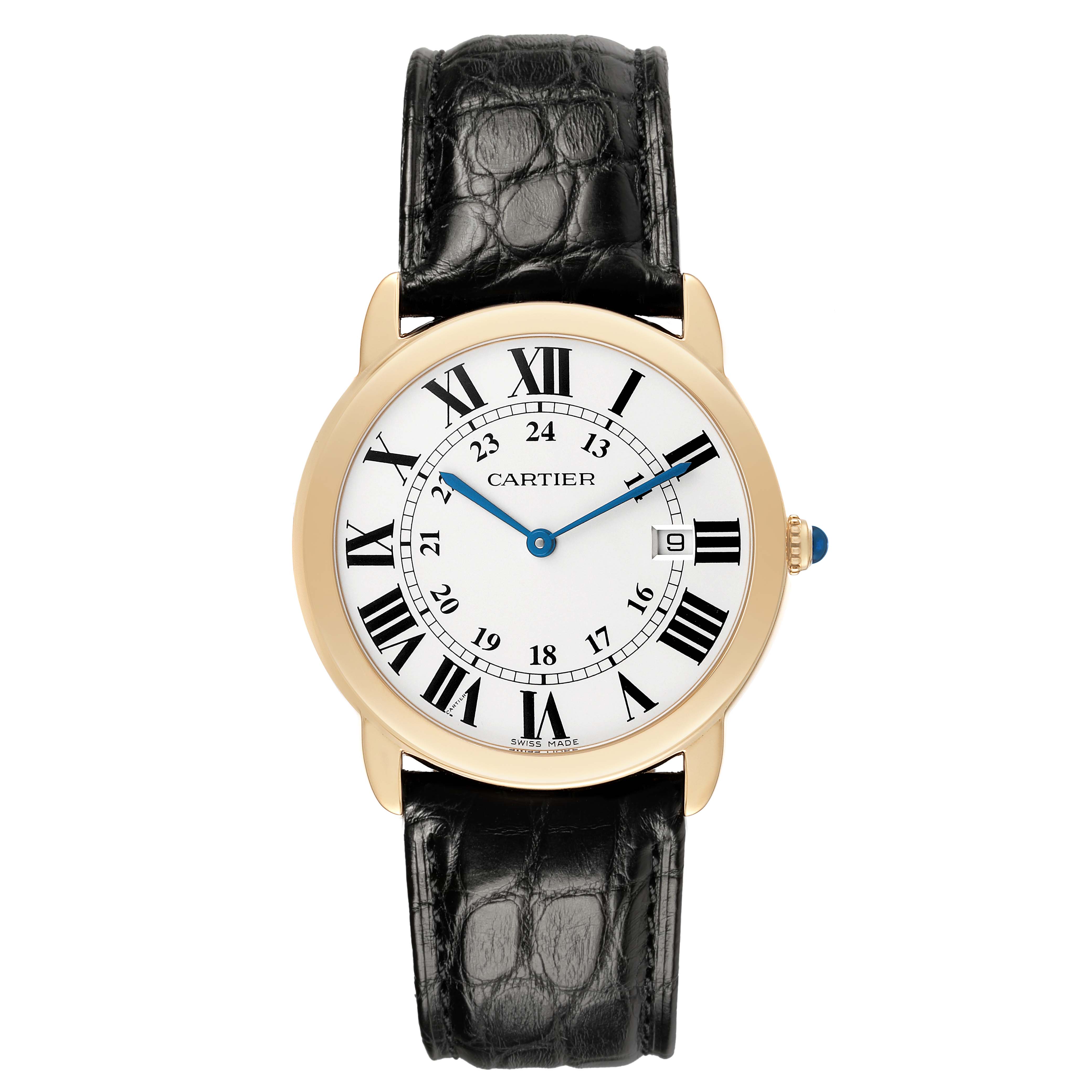 The Cartier Ronde W6700455 Men's Yellow Gold Silver Dial watch is shown from the front, featuring its face, Roman numerals, and black leather strap.