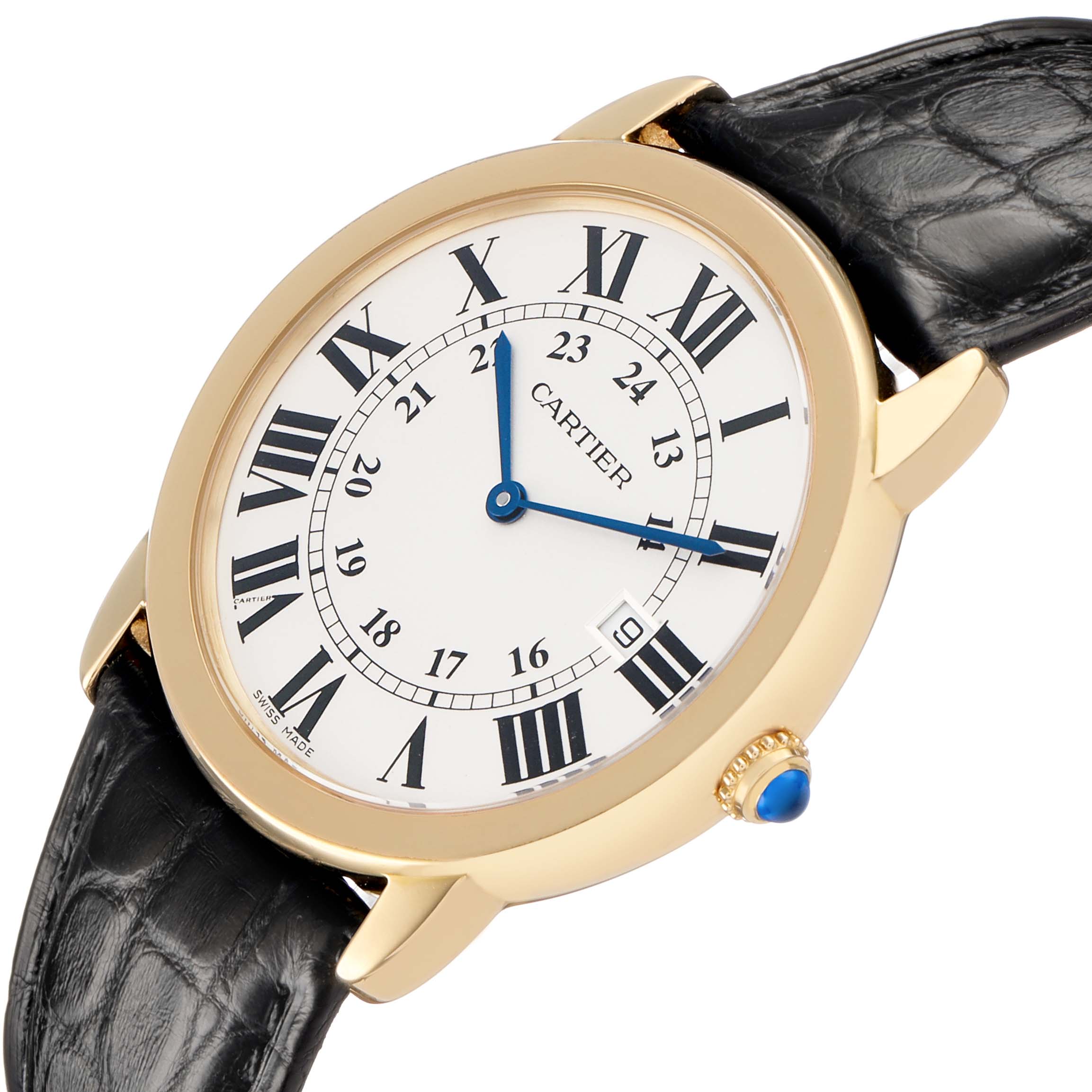 The Cartier Ronde W6700455 Men's Yellow Gold Silver Dial watch is shown from a slightly angled top view, highlighting its Roman numeral dial, blue hands, and leather strap.