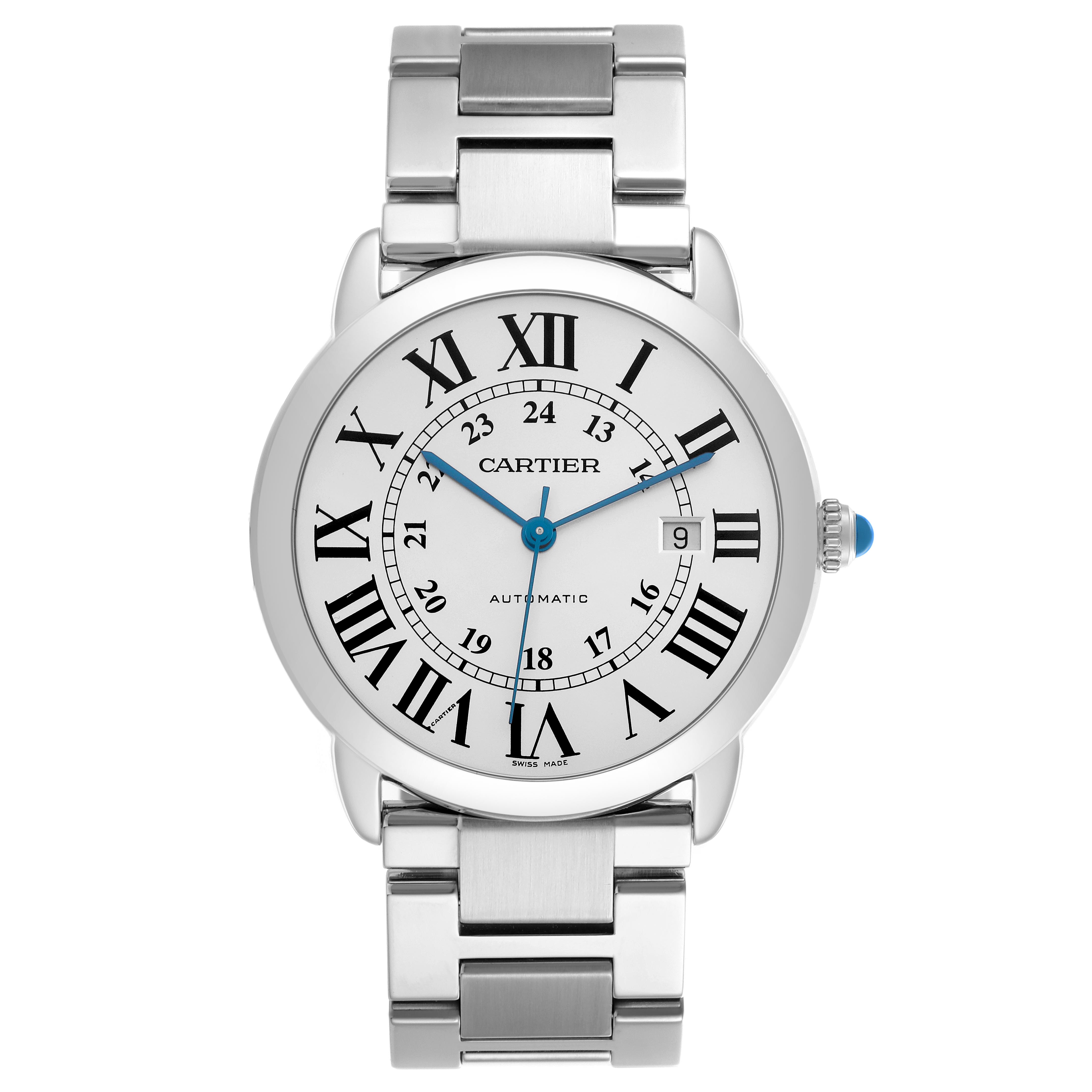 The Cartier Ronde W6701011 Men
s Stainless Steel Silver Dial W6701011 Men
s Stainless Steel Silver Dial watch is shown front-facing, displaying its dial, Roman numerals, blue hands, date window, and metal bracelet.