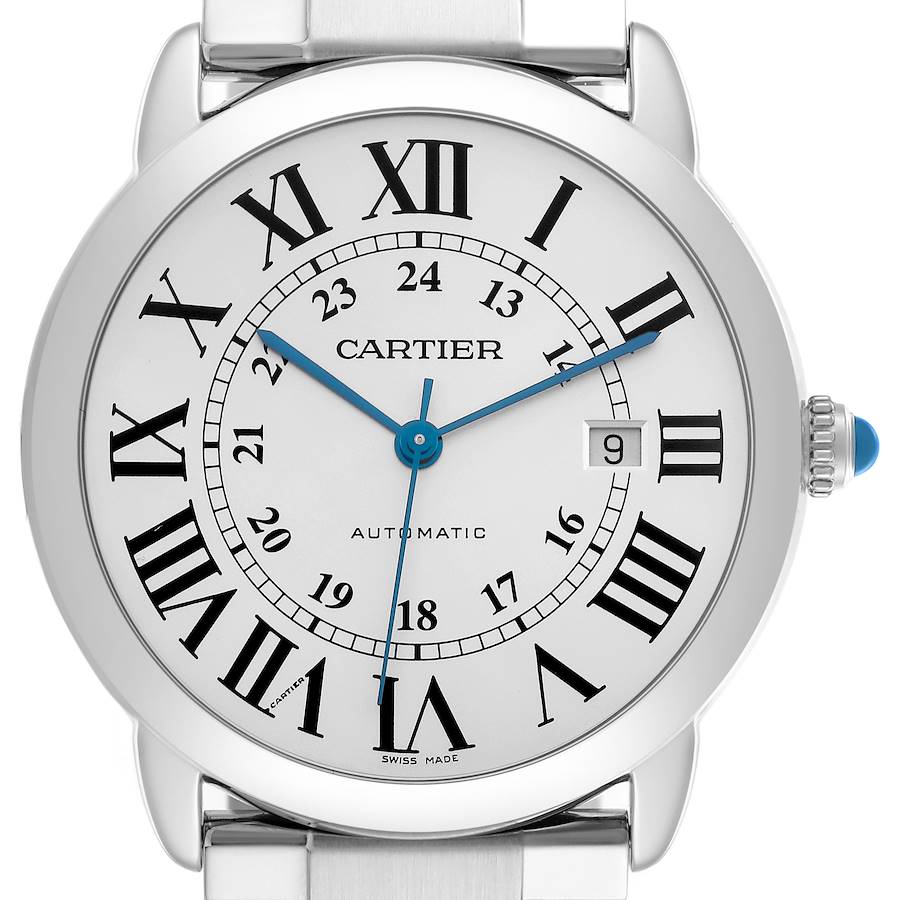 The Cartier Ronde watch is shown from a front angle, detailing the dial, hands, date window, and stainless steel bezel.