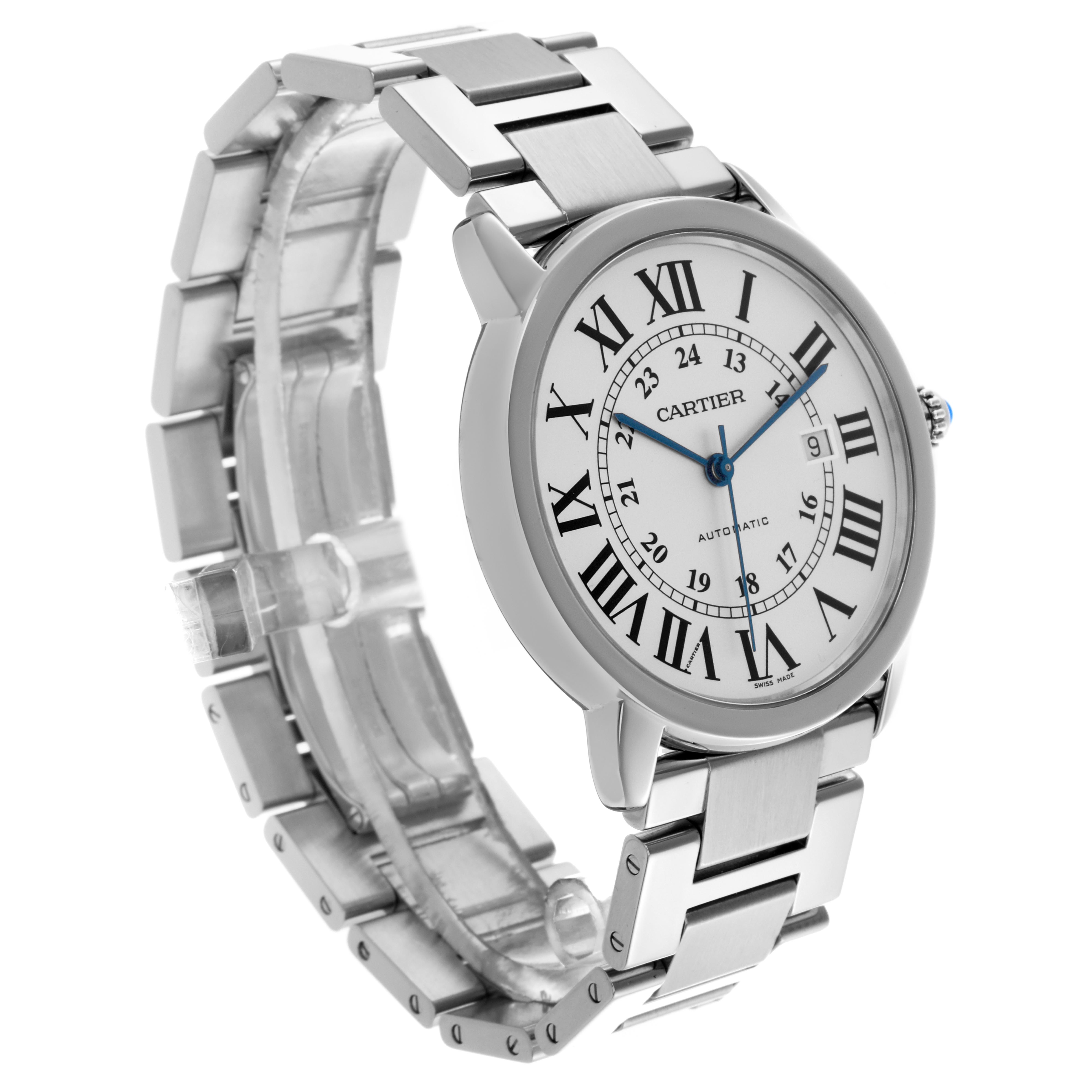 The Cartier Ronde W6701011 Men
s Stainless Steel Silver Dial W6701011 Men
s Stainless Steel Silver Dial watch is shown at a slight angle, displaying the face, bezel, and stainless steel bracelet.
